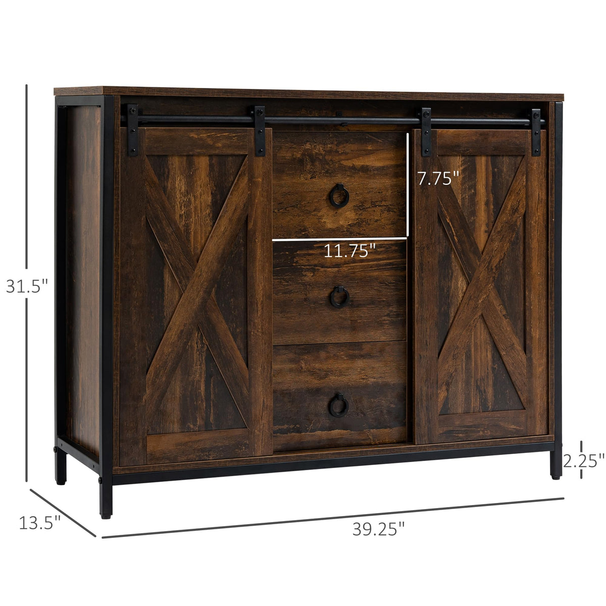 HOMCOM Industrial Farmhouse Buffet Cabinet, Kitchen Sideboard with Sliding Barn Doors, Three Drawers and Adjustable Shelves for Living Room, Rustic Brown