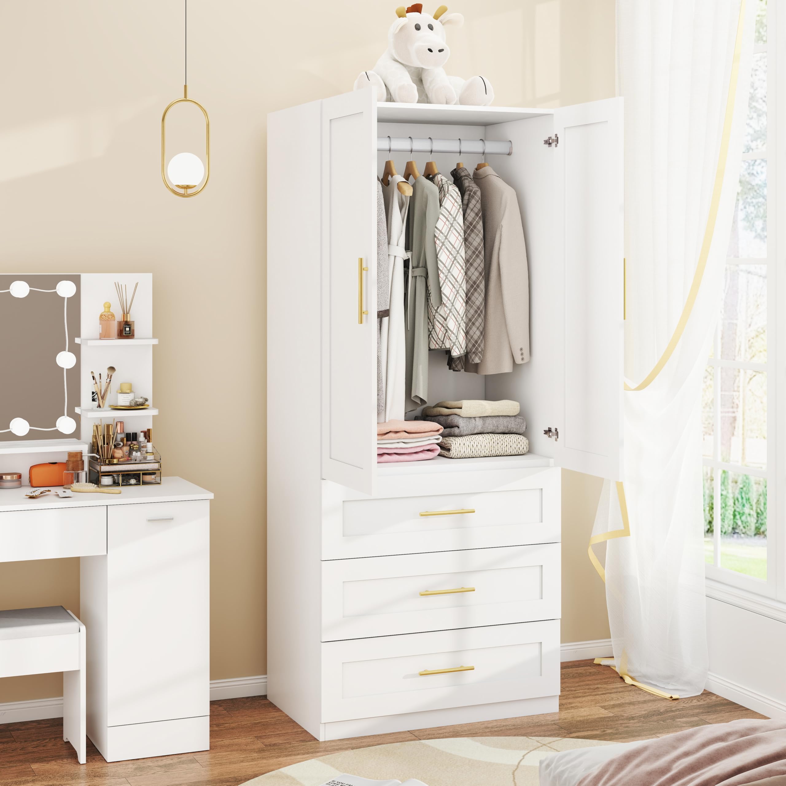 Wardrobe Closet with Drawers & Hanging Rod