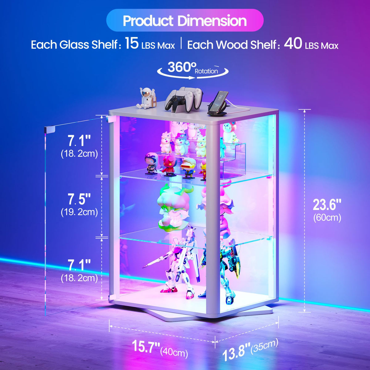 HNEBC 2 Pack 360 Glass Display Cabinet, Glass Doors, RGB LED Lights, White