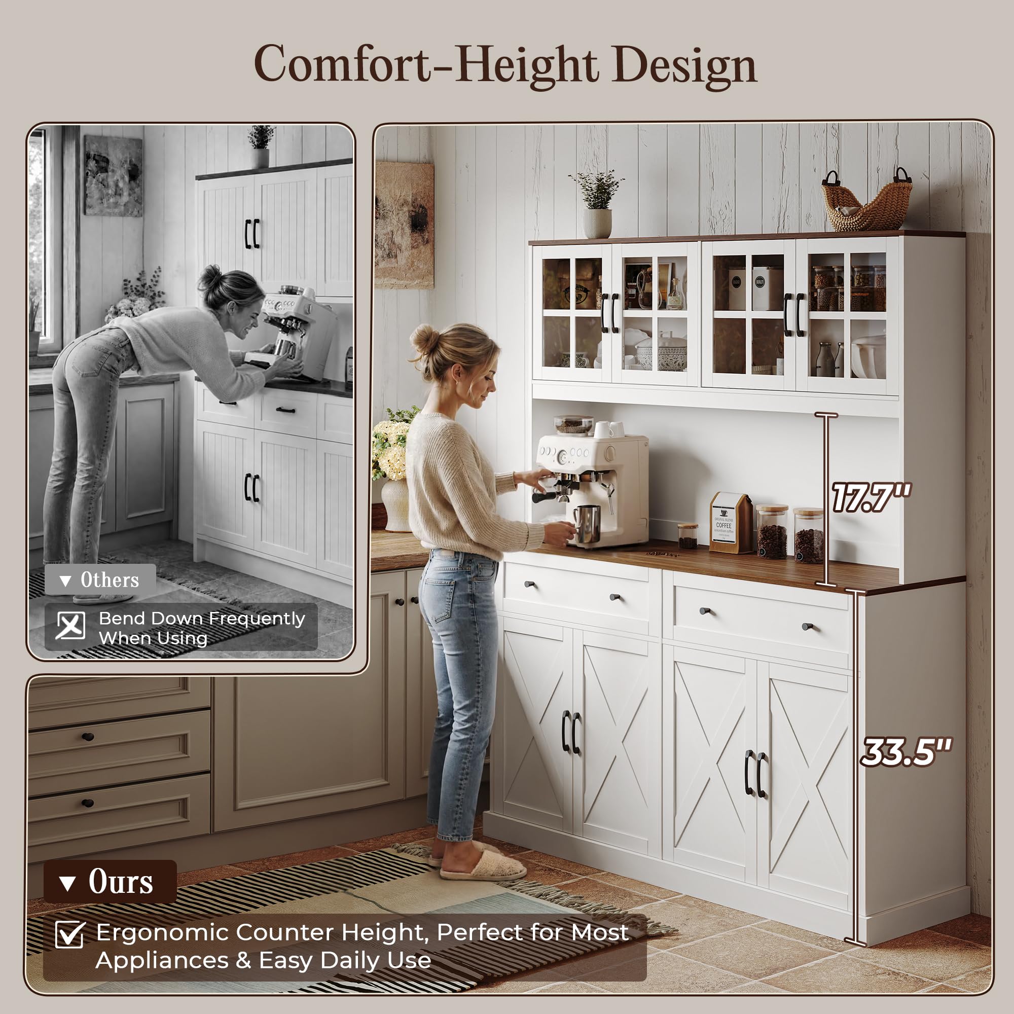 PRAISUN 71''H x 55.1''W Pantry Cabinet with Charging Station, 4 Wide Cabinets Kitchen Pantry with 2 Drawers, Farmhouse Hutch Storage Cabinet, Tall Coffee Bar, Acrylic Door, Adjustable Shelves, White
