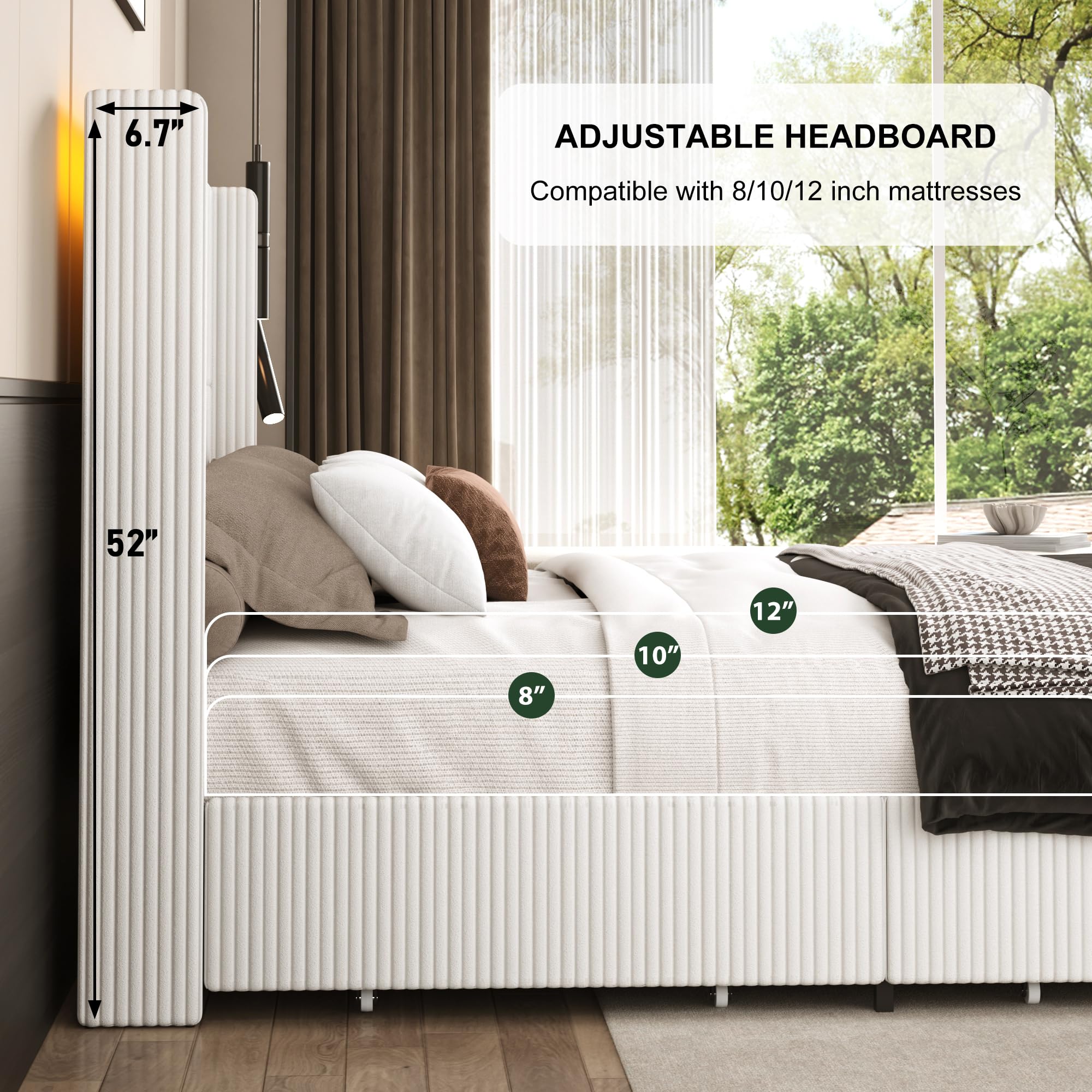 Hlivelood Twin Size Bed Frame with 52” Tall Corduroy Wingback Headboard, Upholstered Platform Bed with 2 Storage Drawers & LED Lights, Vertical Stripes, No Box Spring Needed, Noise-Free, Cream