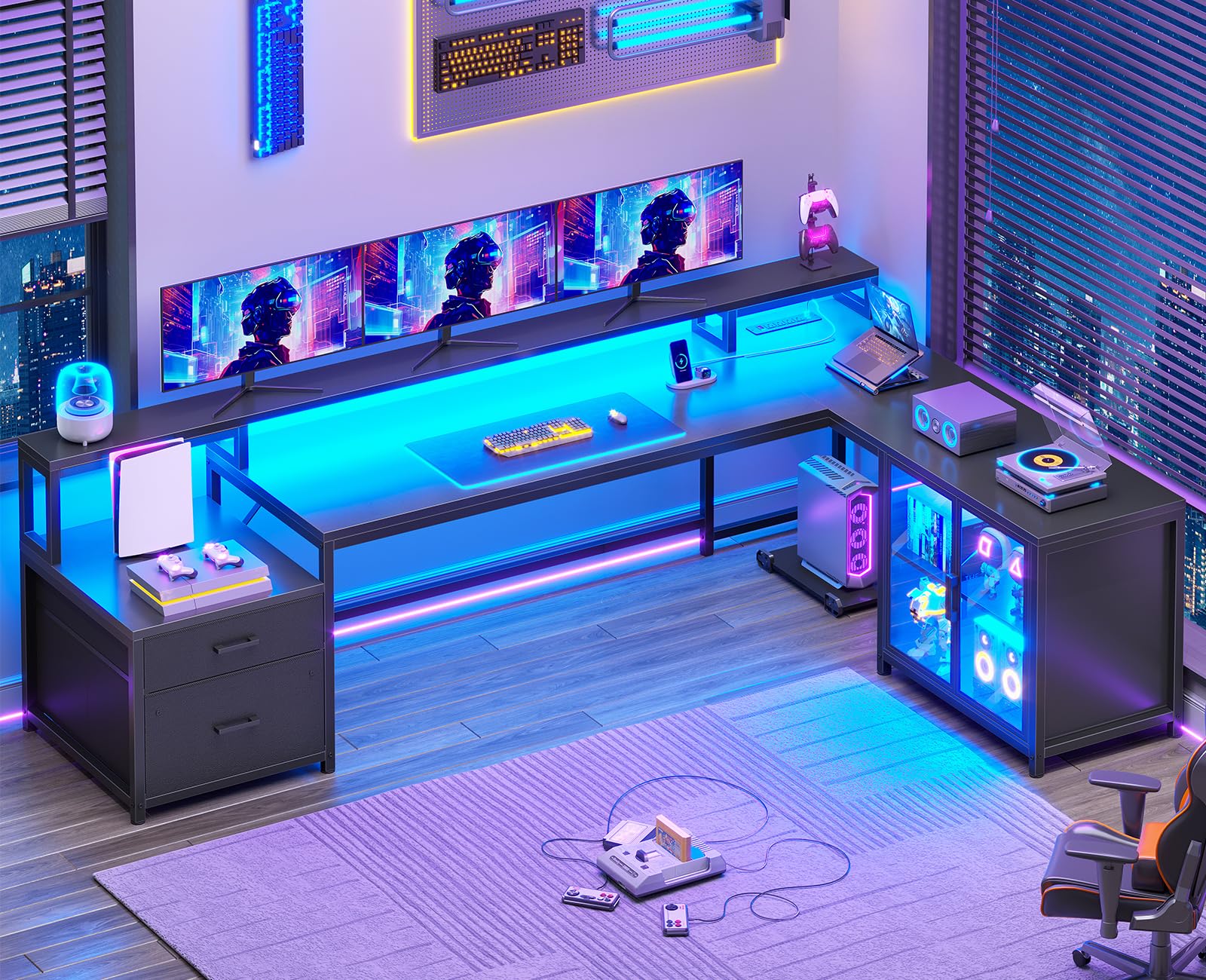 SEDETA L Shaped Gaming Desk, 78.7” Large Computer Desk with Drawers and Power Outlet & LED Light, Corner Gaming Desk with Storage Shelves, Display Cabinet for Home Office, Black