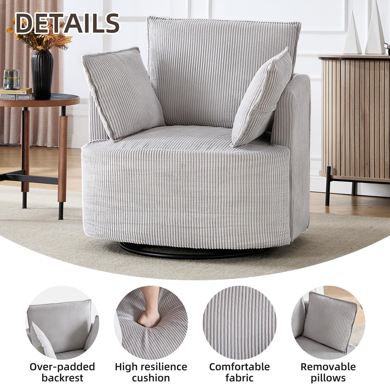 360° Swivel Barrel Chair with Corduroy Upholstery & 3 Pillows