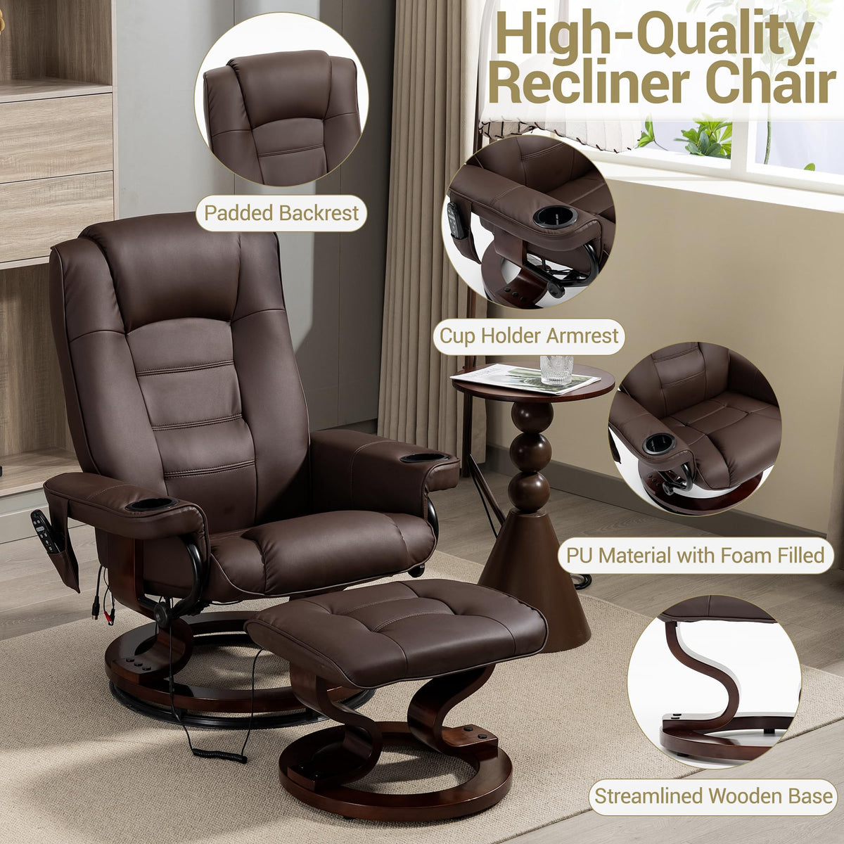 WENTUM Massage Recliner with Ottoman, Swivel Wood Base, Accent Chair, Faux PU Leather Lounge Chair with Footrest for Living Room Bedroom, Brown