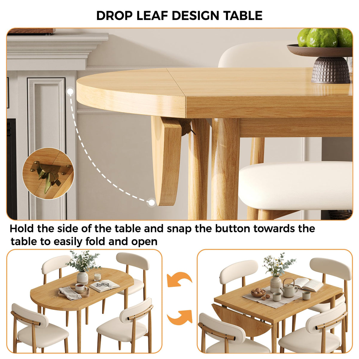 IRONCK Dining Table Set for 4, 55" Drop Leaf Desk, Natural Wood