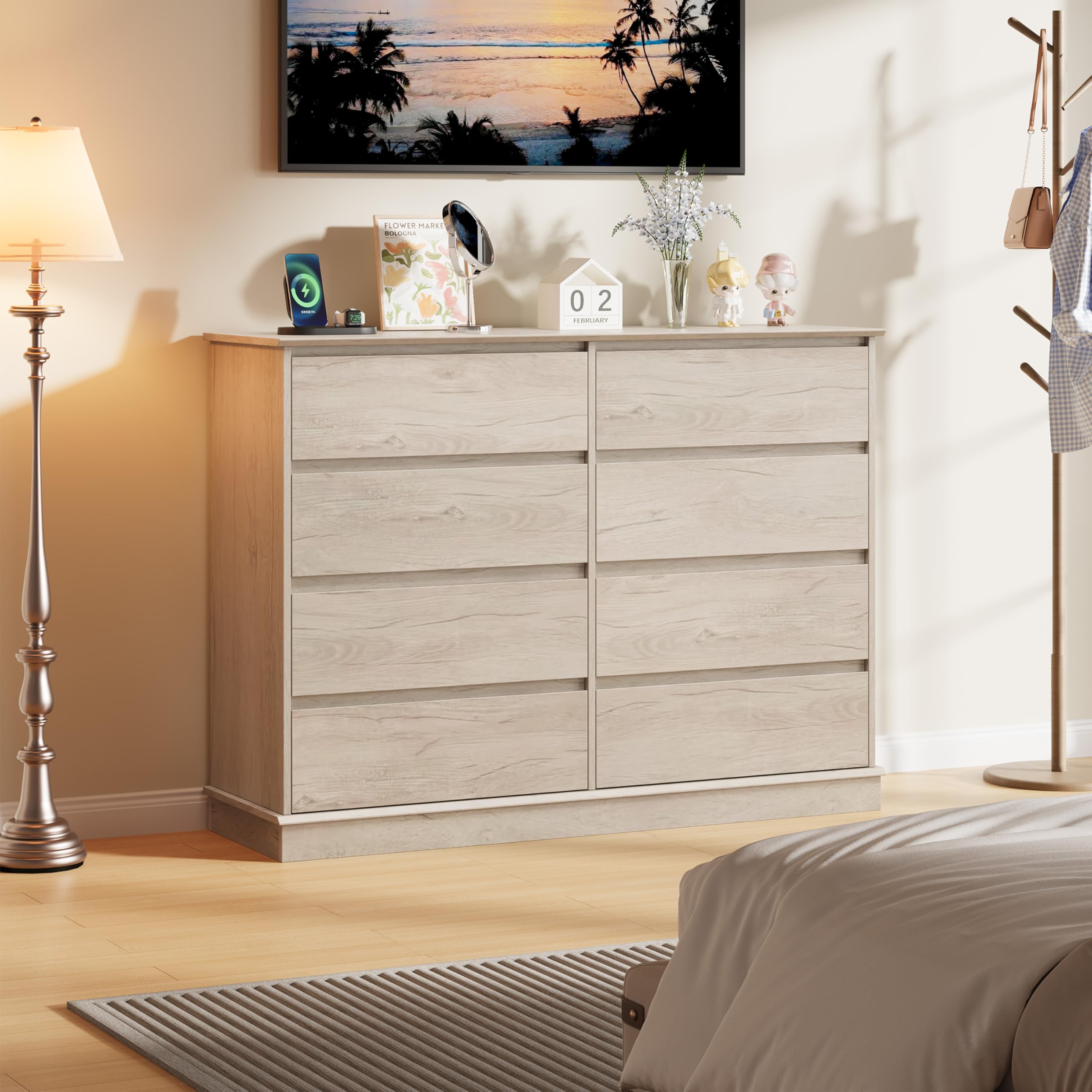 IDEALHOUSE 8 Drawer Dresser, 51” Wide Storage Organizer Chest of Drawers for Bedroom Closet Entryway Hallway Living Room, Large Dressers with Top Surface, Vintage Oak
