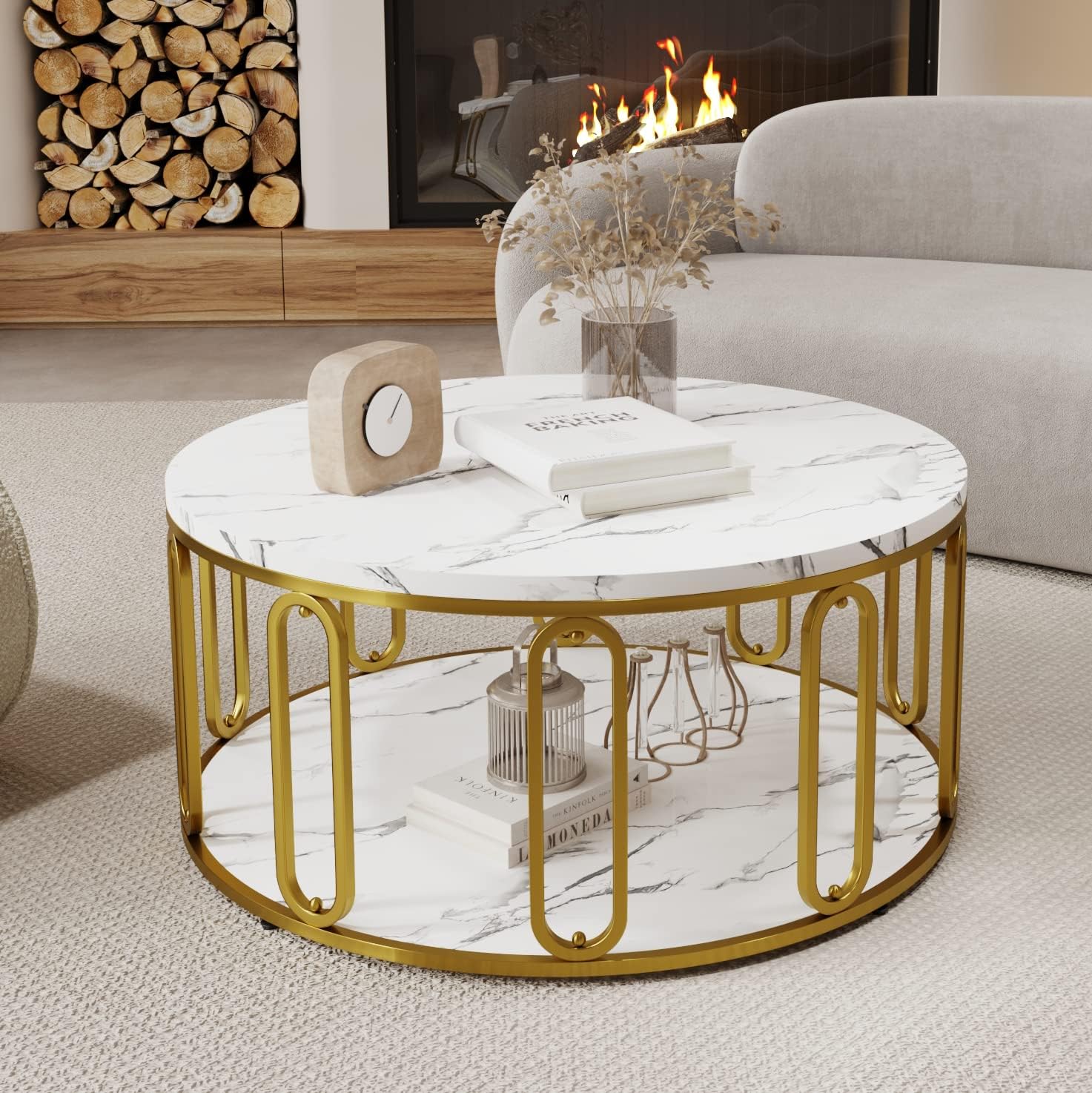 Easyzon Round Coffee Table, Wooden Marble Pattern Coffee Table with Round Open Storage, Solid Golden Metal Legs for Living Room, White