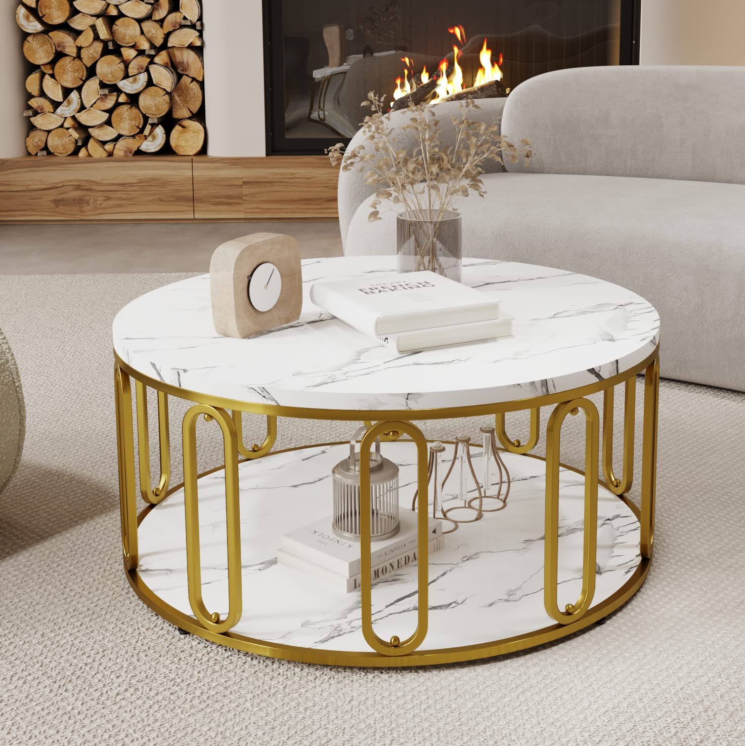 Easyzon Round Coffee Table, Wooden Marble Pattern Coffee Table with Round Open Storage, Solid Golden Metal Legs for Living Room, White