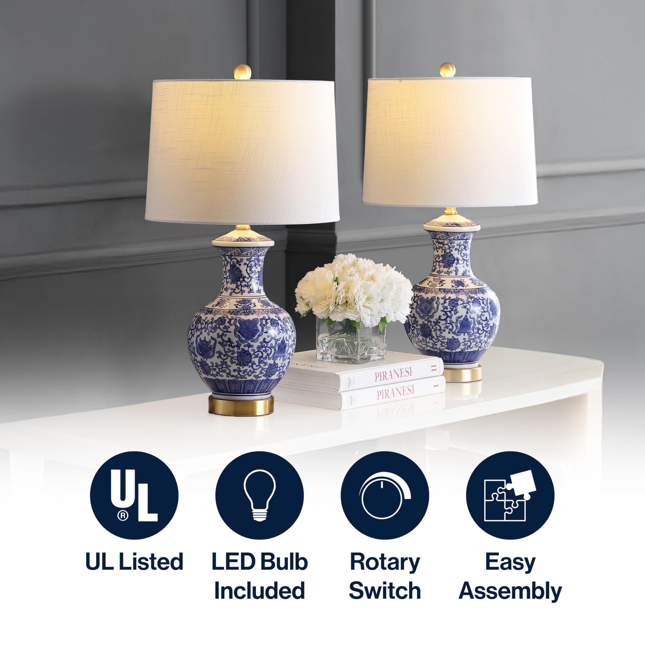 JONATHAN Y 25.25" Blue/White Ceramic Ginger Jar Table Lamp Set of 2, Traditional Brass Gold Base for Living Room Bedroom, White Linen Drum Shade, LED Bulbs Included JYL1072A-SET2