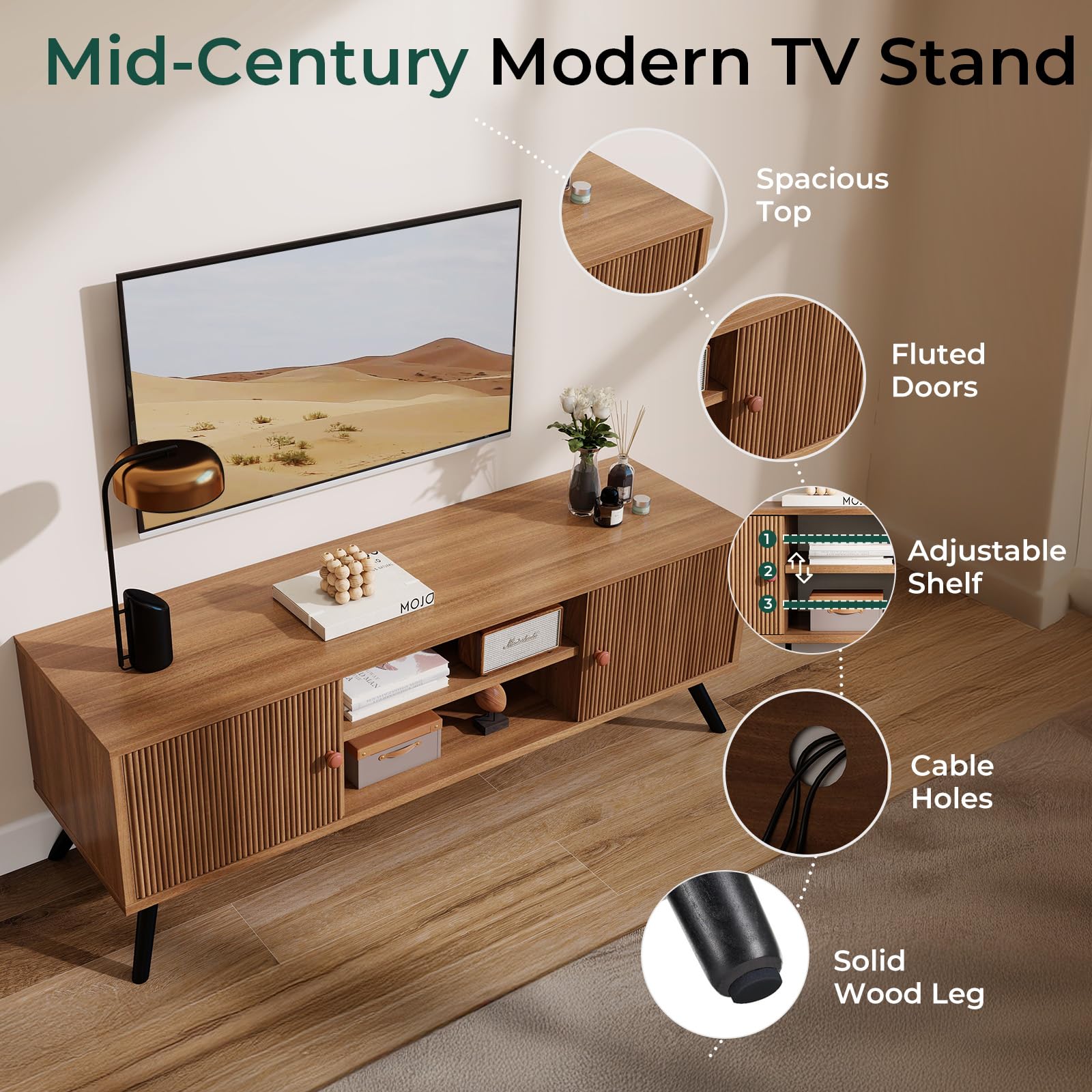 Mid-Century Modern TV Stand with Fluted Doors