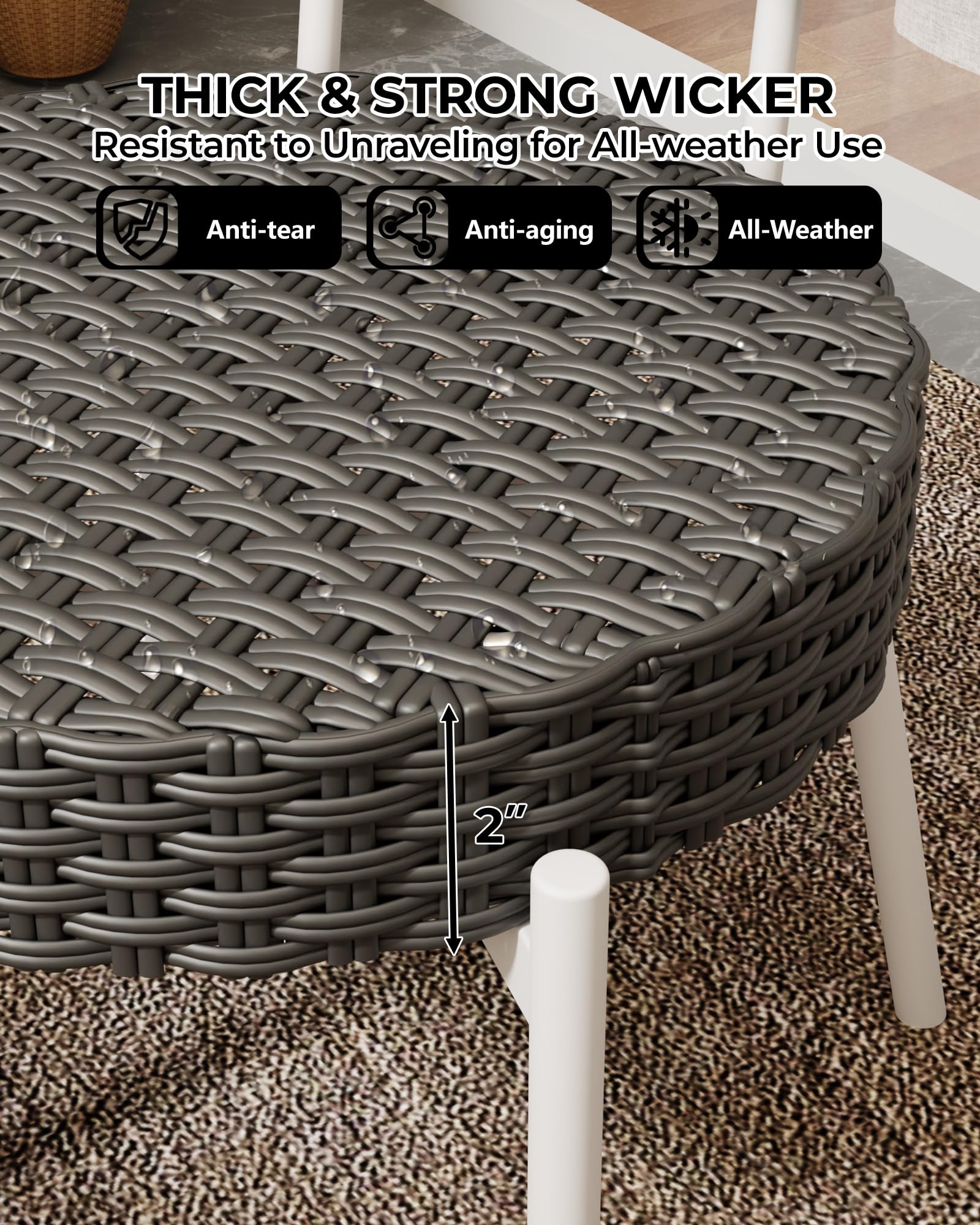 GarveeLife 3 Piece Wicker Patio Bistro Furniture Set, Outdoor Dining Chairs, Includes 2 Rattan Chairs and Tempered Glass Table, for Garden, Backyard, Balcony, Apartment, White & Grey