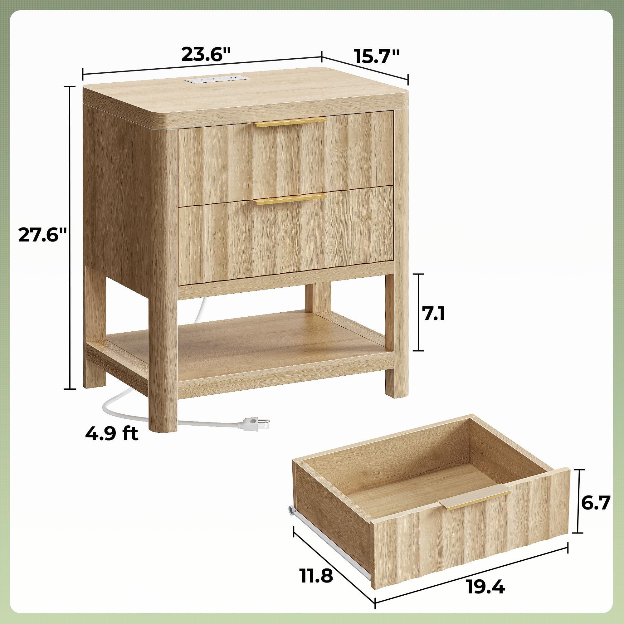 Tall Nightstand with Charging Station & 2 Drawers