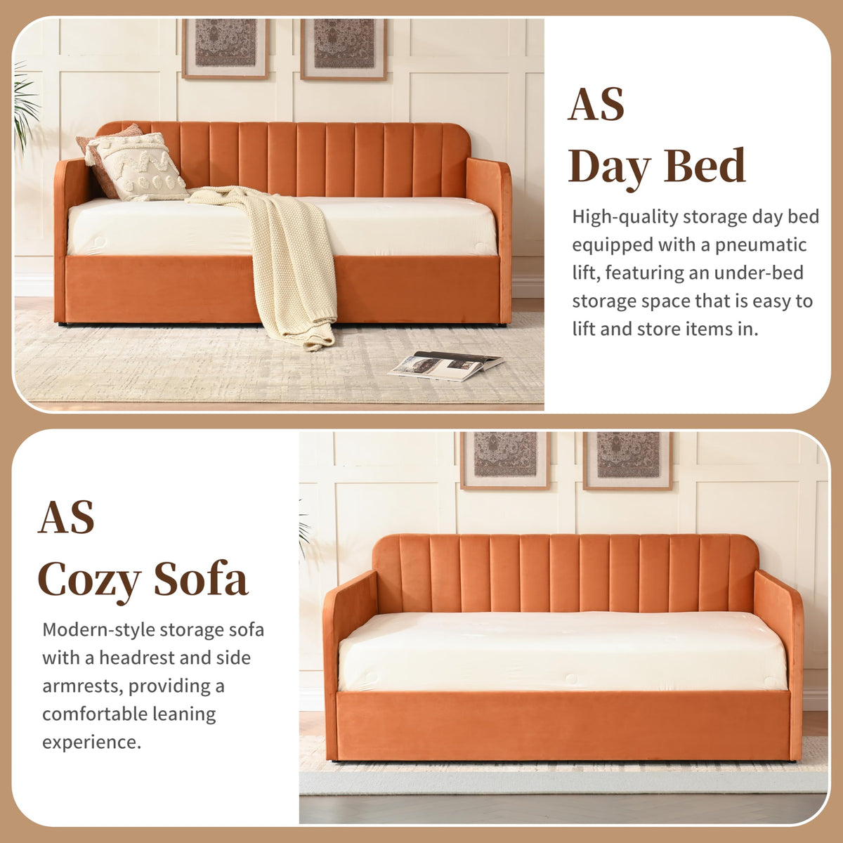 Zanmintaobo Twin Day Bed with Lift Up Storage, Orange