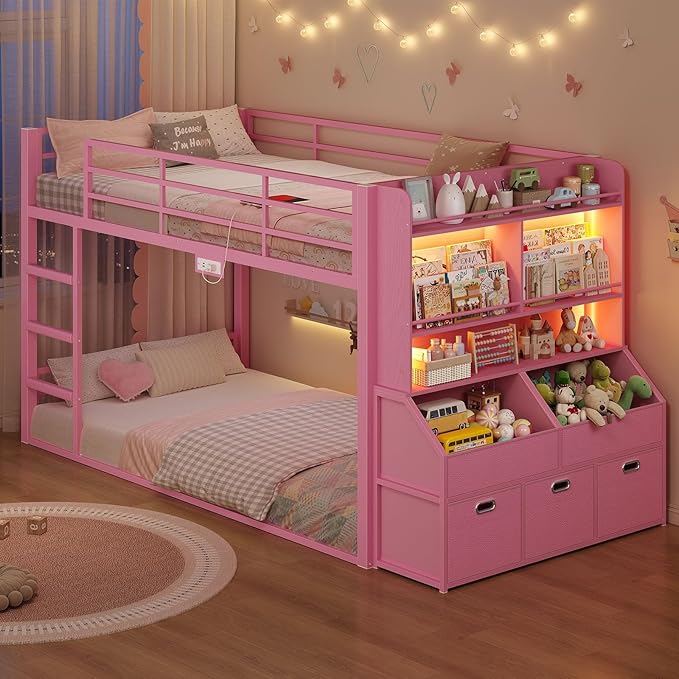 Twin Over Twin Low Bunk Bed with Storage & RGB Lights