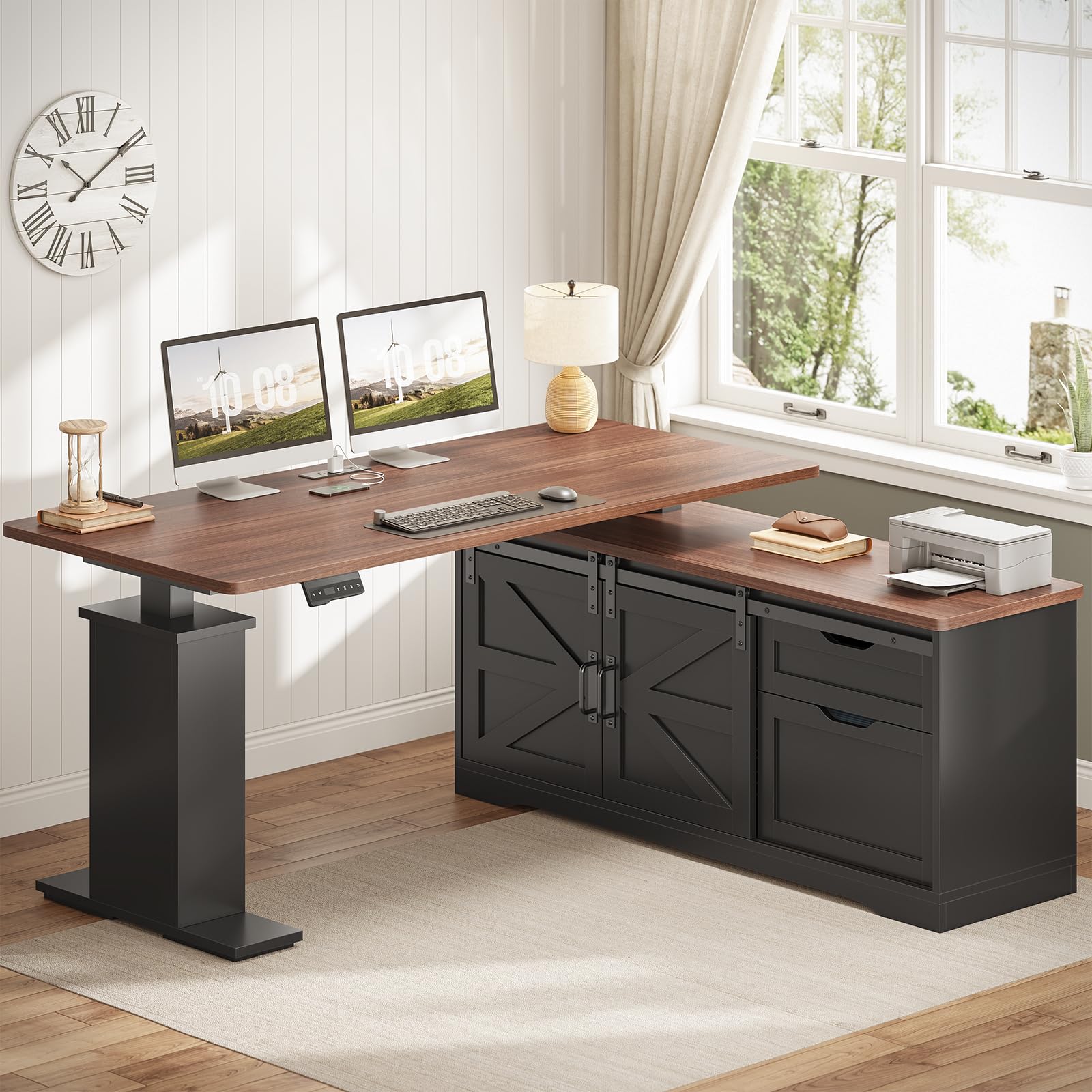 L-Shaped Standing Desk with Drawers & Power Outlets