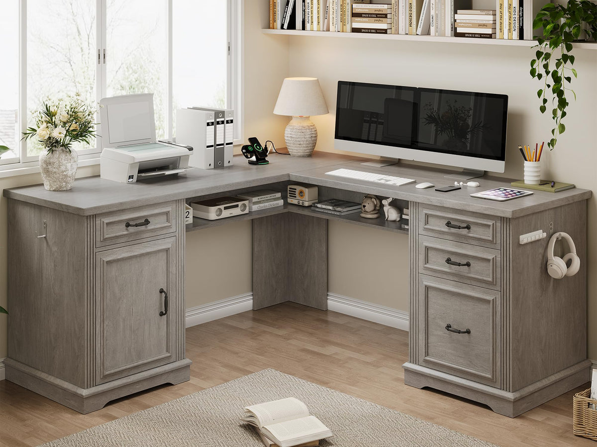 Farmhouse L-Shaped Desk with Charging Station