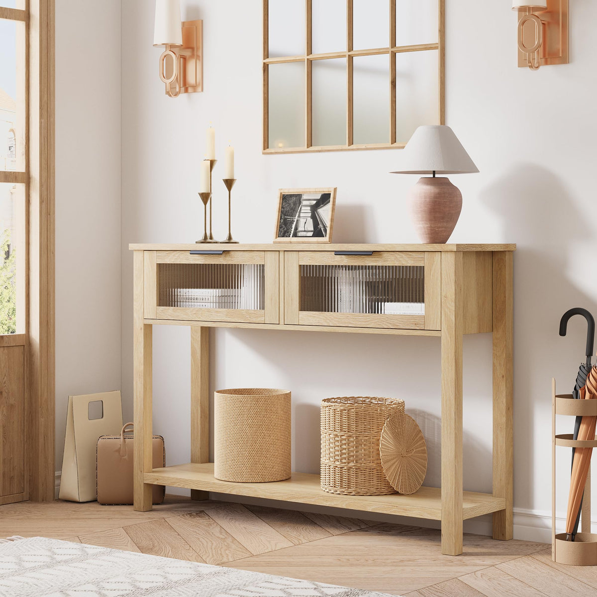 GAOMON Entryway Table, Wood Console Table with 2 Glass Drawers, 2 Tier Sofa Table with Storage for Living Room, Foyer Tables for Entryway-Burlywood