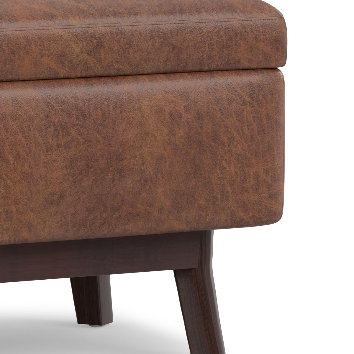 SIMPLIHOME Owen 36" Wide Vegan Leather Ottoman in Distressed Saddle Brown