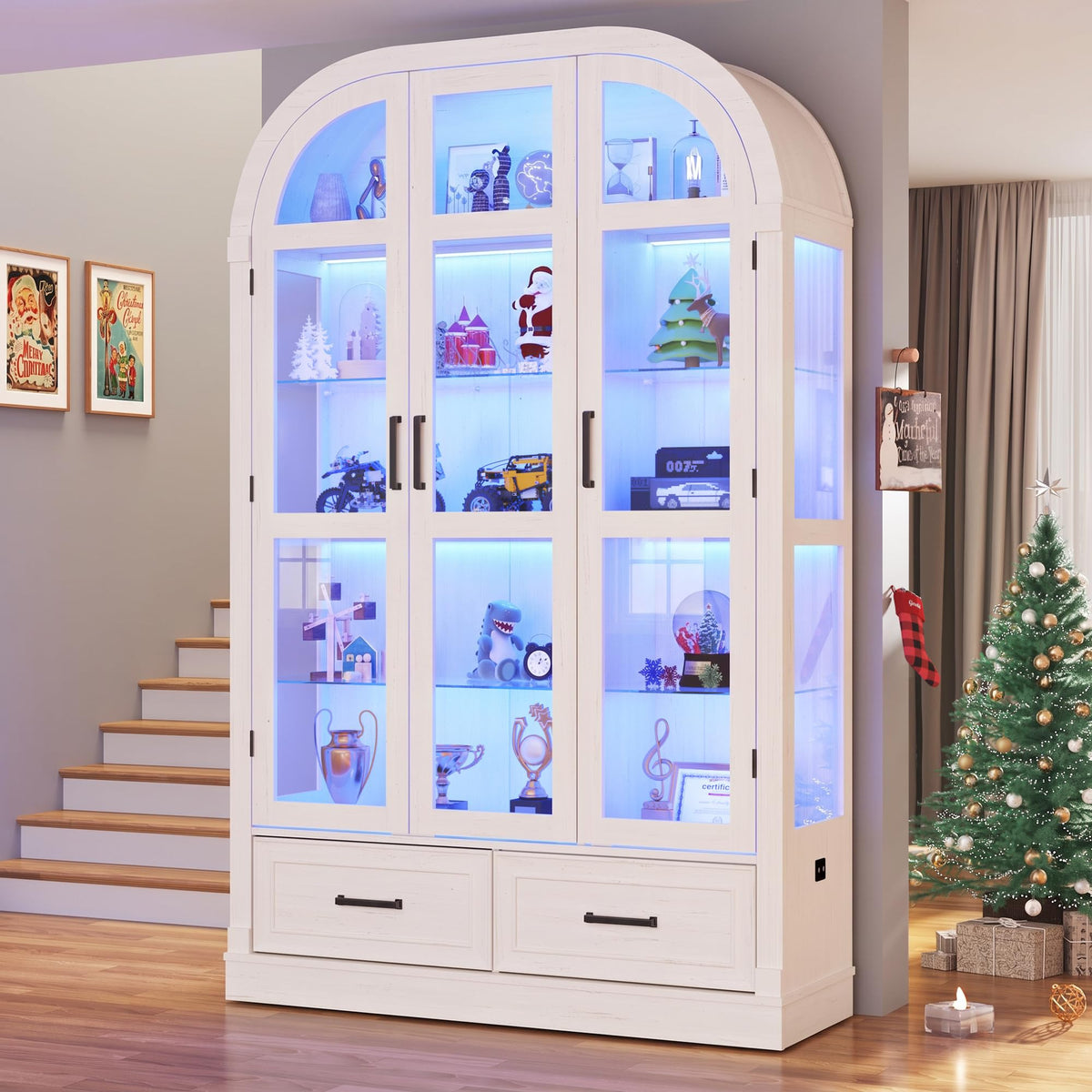 74" Arched Display Cabinet with Glass Doors and Drawers,Motion Sensor 3-Color Lights,Glass Curio Cabinet,5-Tier Showcase for Collectibles,Action Figures,Living Room,Trophy,Books(Antique White)