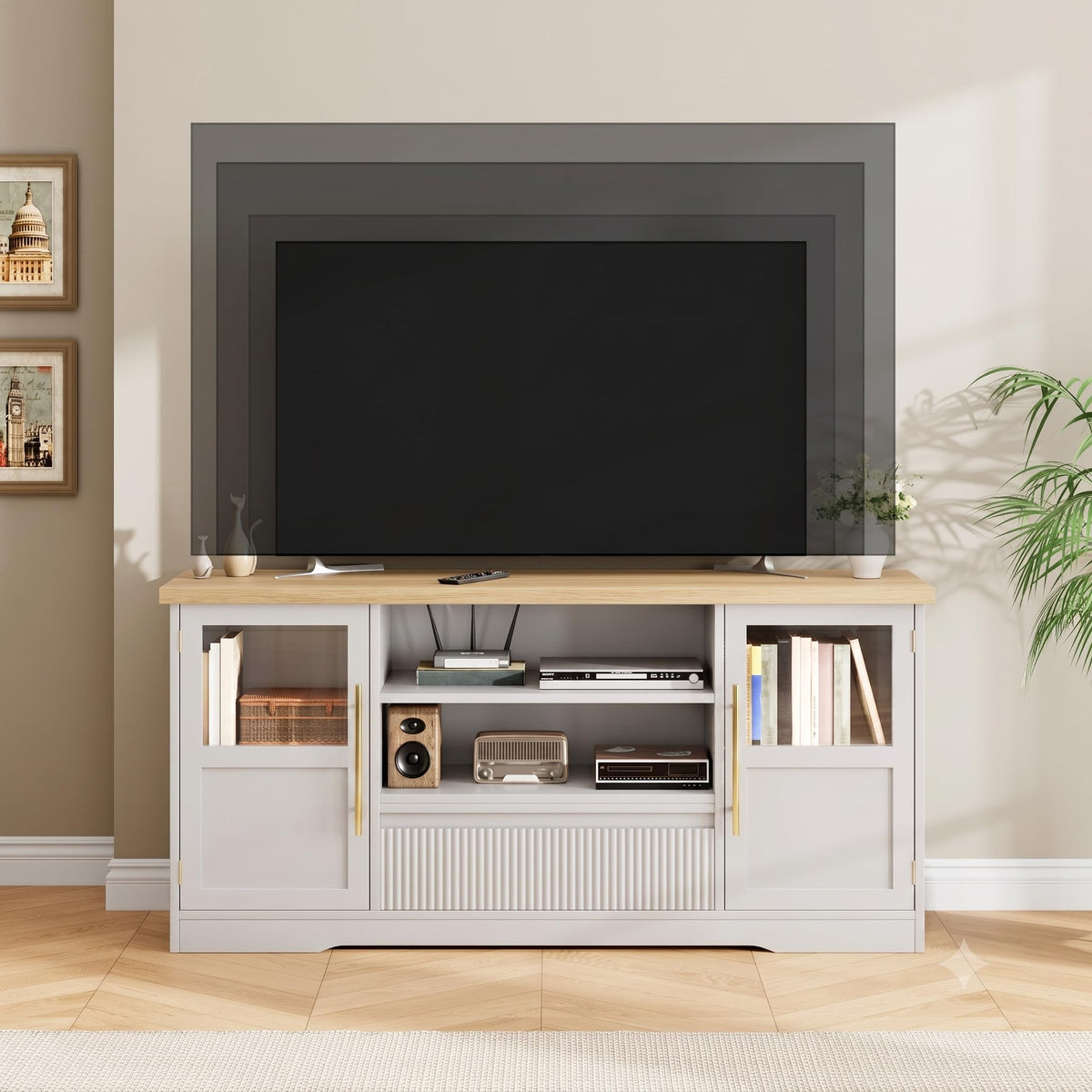 Garvee 63 in Farmhouse TV Stand for TVs Up to 72 in, Wave Pattern Entertainment Center with 2 Glass Door Cabinets & 2 Open Shelves, Sturdy Wood Media Console for Living Room, White & Natural