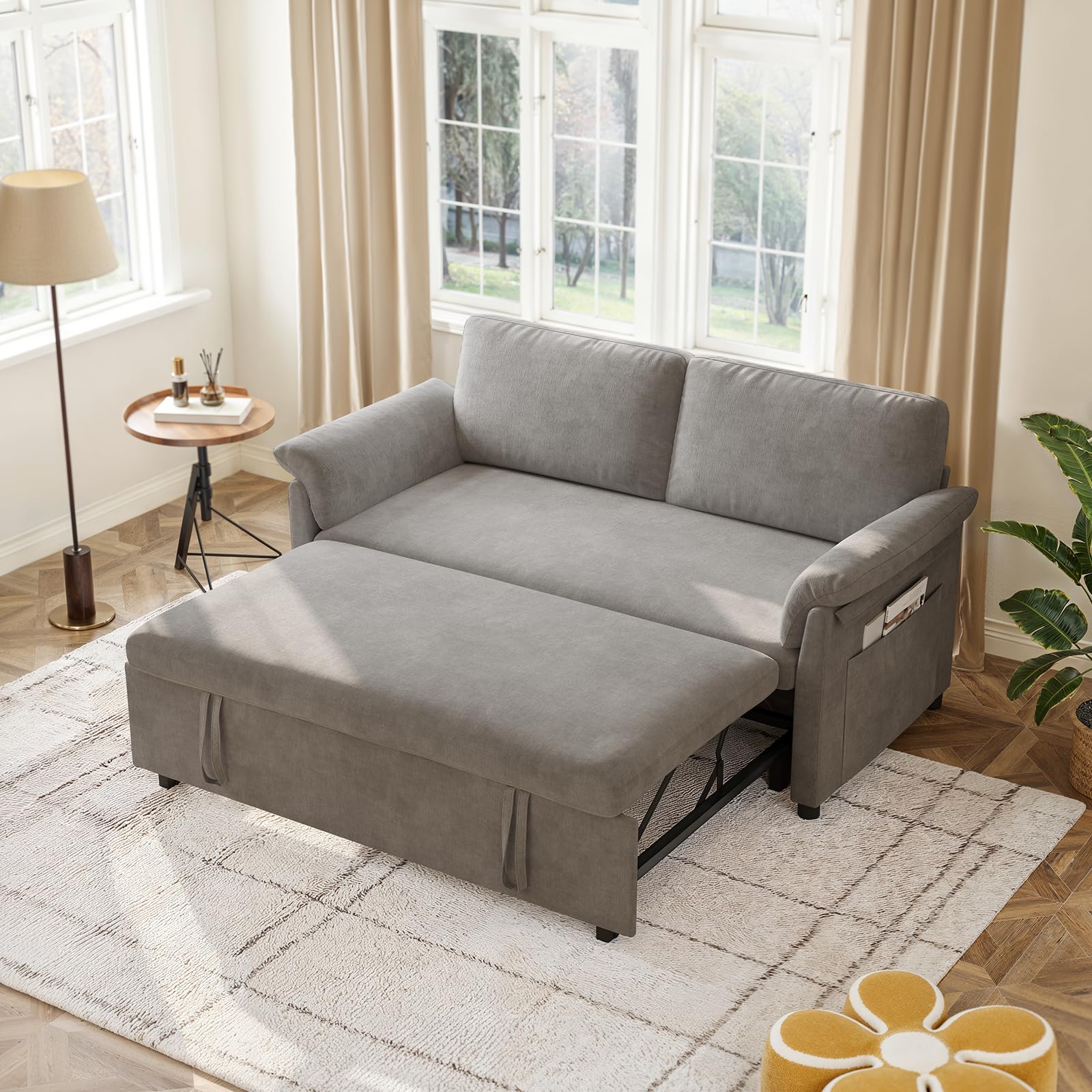 ONBRILL 3 in 1 Convertible Sleeper Sofa Bed,59 Inch Pull Out Couch,Chenille Fabric,Loveseat Sleeper Sofa for Living Room,Bedroom, and Small Space,Grey