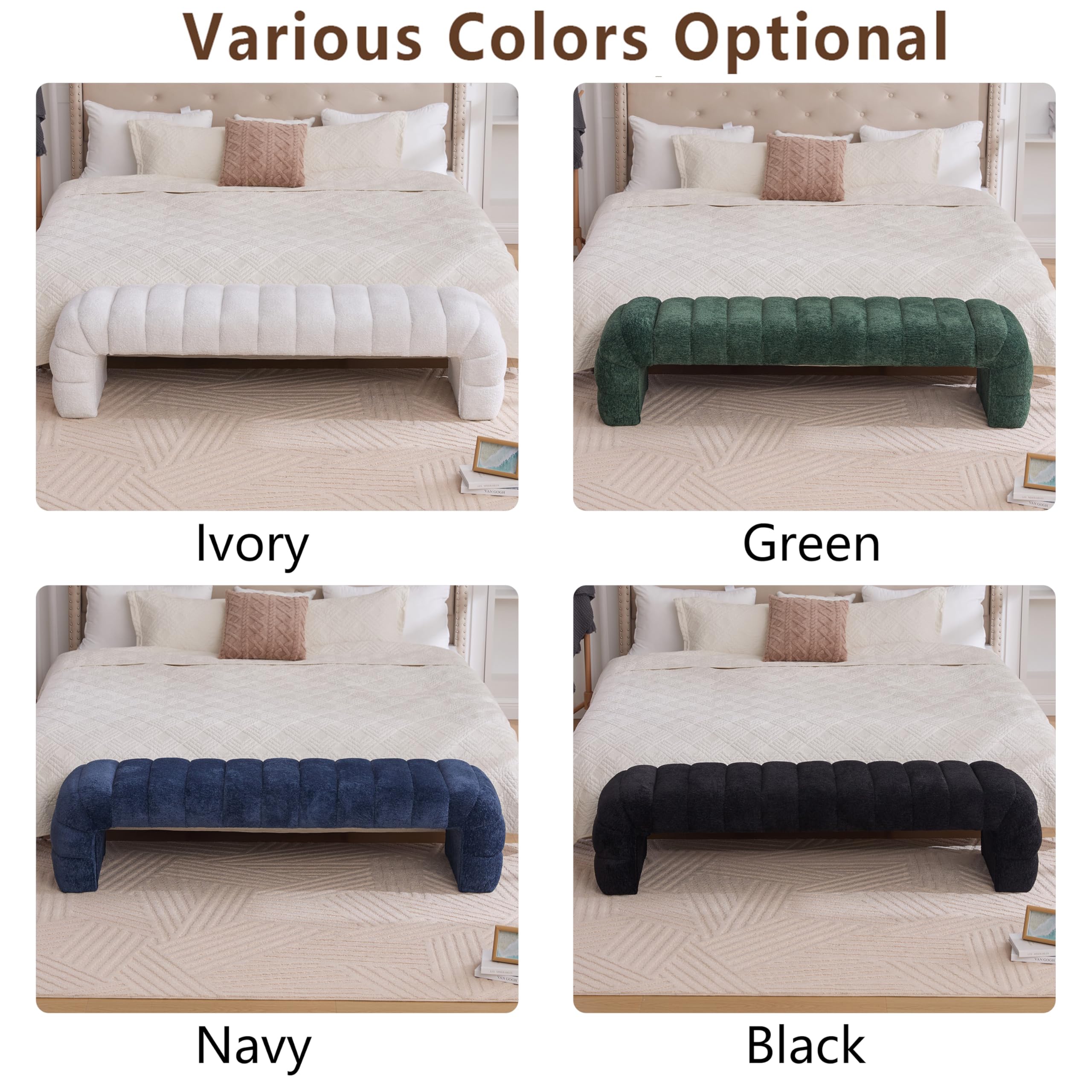 OIKIIWOO Arched Ottoman Bench for Bedroom Living Room,69.7" Chenille Long Benches for Bed End King Size,Modern Channel Tufted Seating Bench for Entryway,Window,Bedside (Black, 69.7")