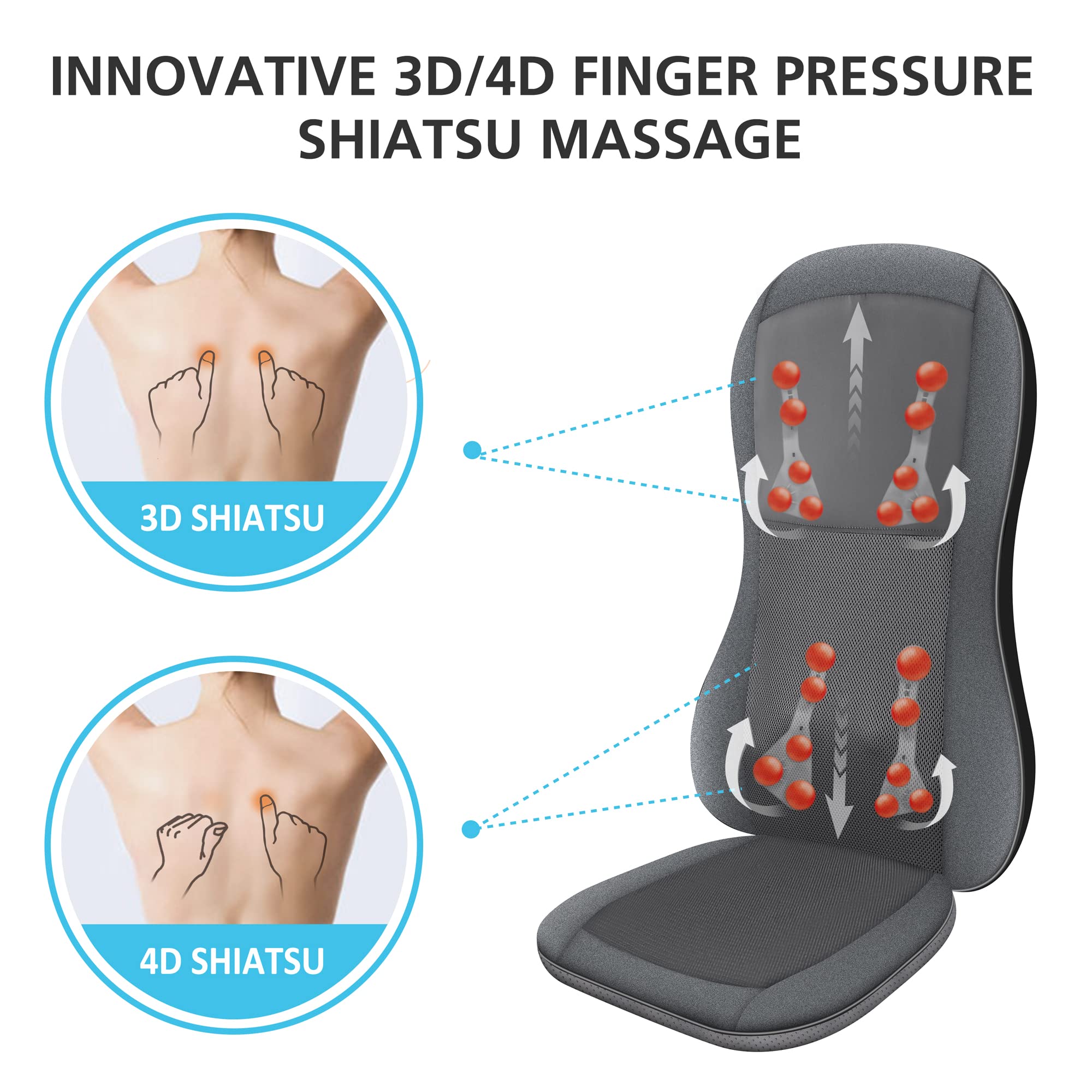 COMFIER Shiatsu Full Back Massager,Massage Chair Pad with Heat,2D/3D Massage Seat Cushion,Chair Massager with 10 Shiatsu Nodes, Rolling Kneading Chair Pads for Lower Back,Father Day Gifts