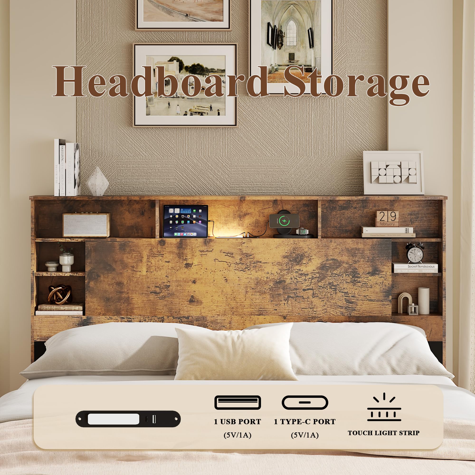MLJWI Wood Queen Size Bed Frame with Storage Headboard, Farmhouse Platform Bed Frame with Charging Station & LED Lights, Noise Free, No Box Spring Needed (Dark Brown, Queen)