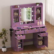 HUANLEGO Vanity Desk with Mirror and Lights, Purple Makeup Vanity Mirror with Lights & Power Outlet and 7 Drawers, 2 Cabinet, 3 Color Modes Adjustable, Dressing Table Set for Girls Women