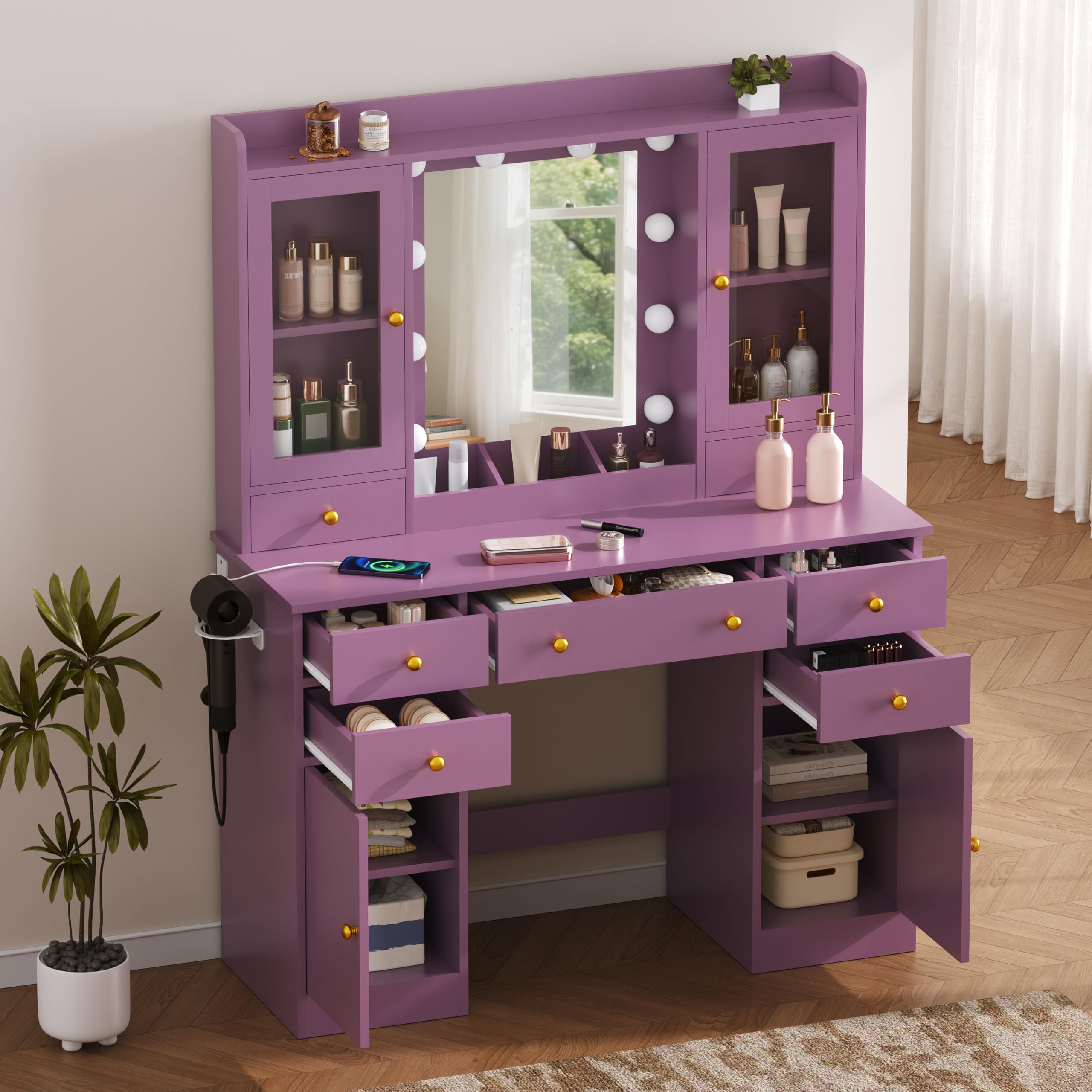HUANLEGO Vanity Desk with Mirror and Lights, Purple Makeup Vanity Mirror with Lights & Power Outlet and 7 Drawers, 2 Cabinet, 3 Color Modes Adjustable, Dressing Table Set for Girls Women