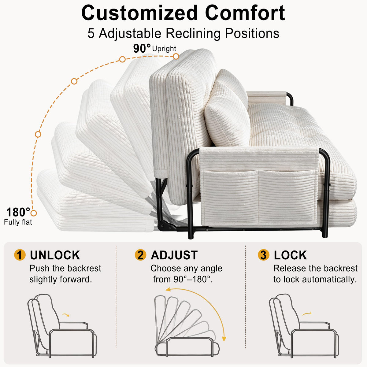 Mr IRONSTONE Folding Sofa Bed Couch with 2 Pillows, 2-Person Convertible Futon Floor Sofa Recliner with Armrests, Foldable Sleeper Couch for Living Room, Bedroom, Dorm, White