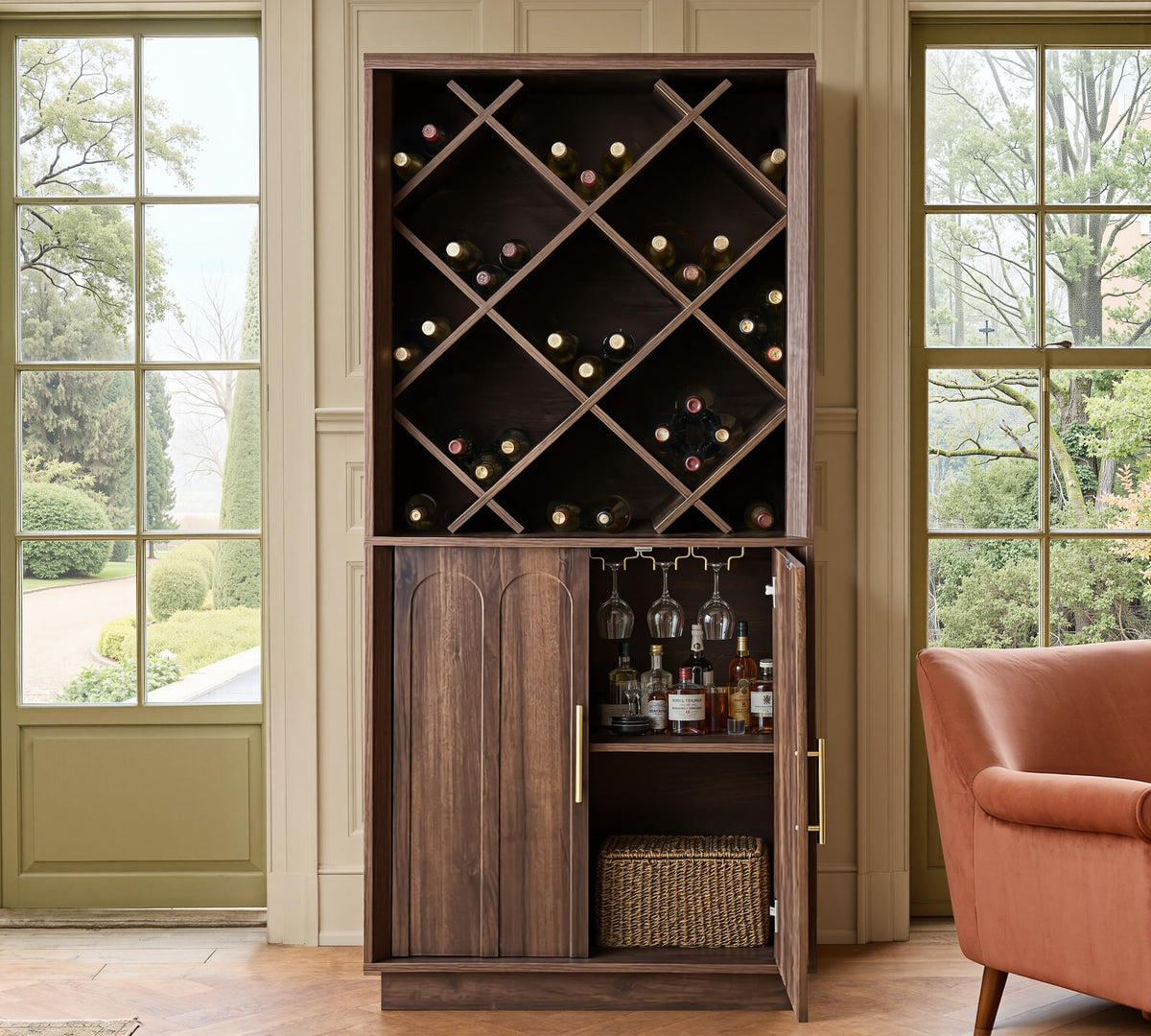 FORTUNETEC 70.87" Tall Liquor Cabinet, Diamond Wine Rack, Walnut
