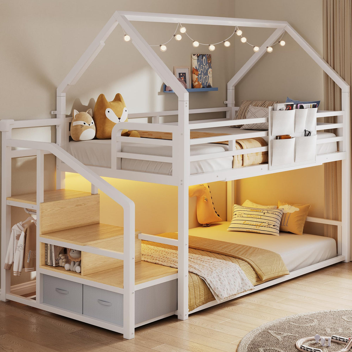 Jocoevol Metal Bunk Bed Twin Over Twin with Storage Staircase, Clothes Rack, LED Twin Bunk Beds for Kids with 2 Storage Drawers, Full-Length Guardrail, No Box Spring Needed, Easy Assembly, White