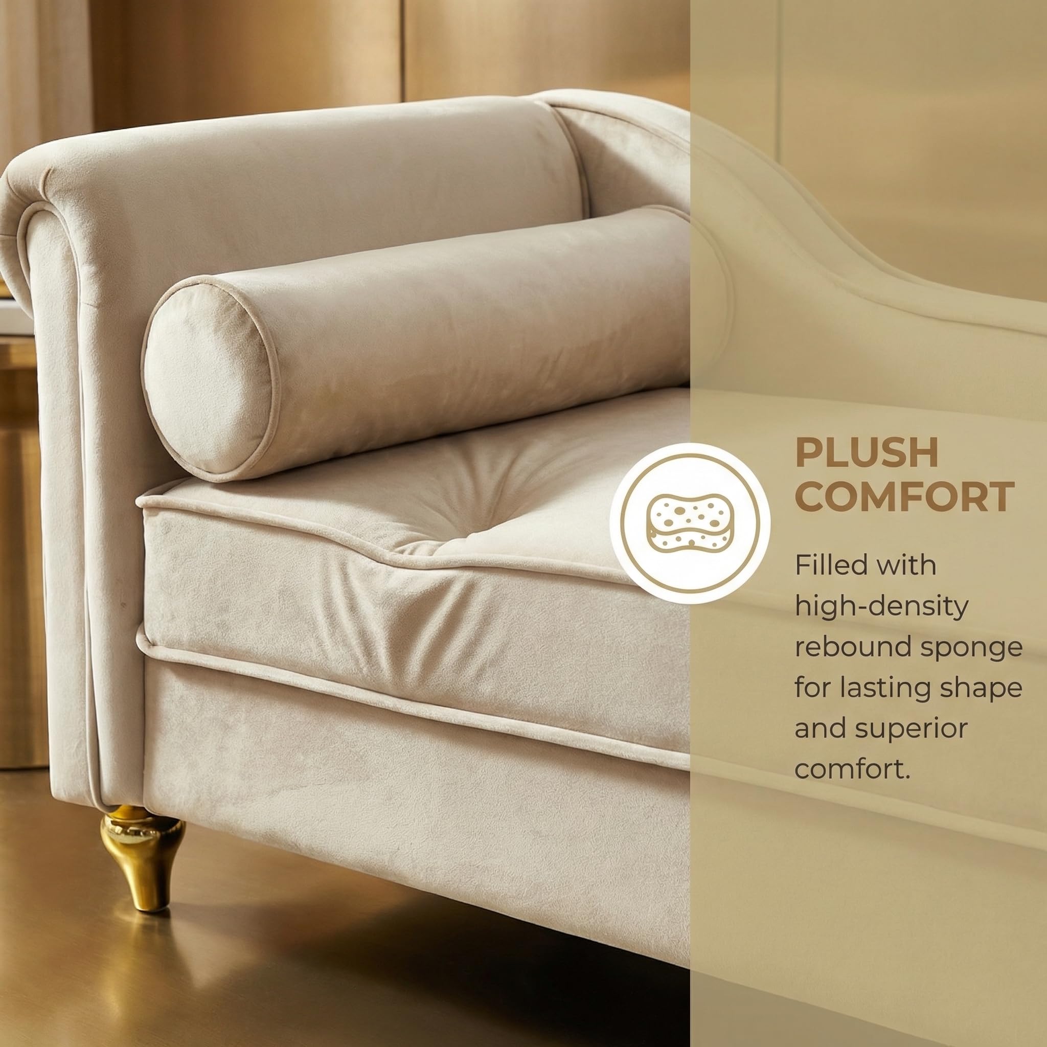MYEYPEL 60.6''Velvet Chaise Lounge Indoor, Modern Velvet Lounge Chair with Left Armrest & Lumbar Pillow,Button Tufted Lounge Sofa with Storage for Bedroom, Living Room and Office，Beige