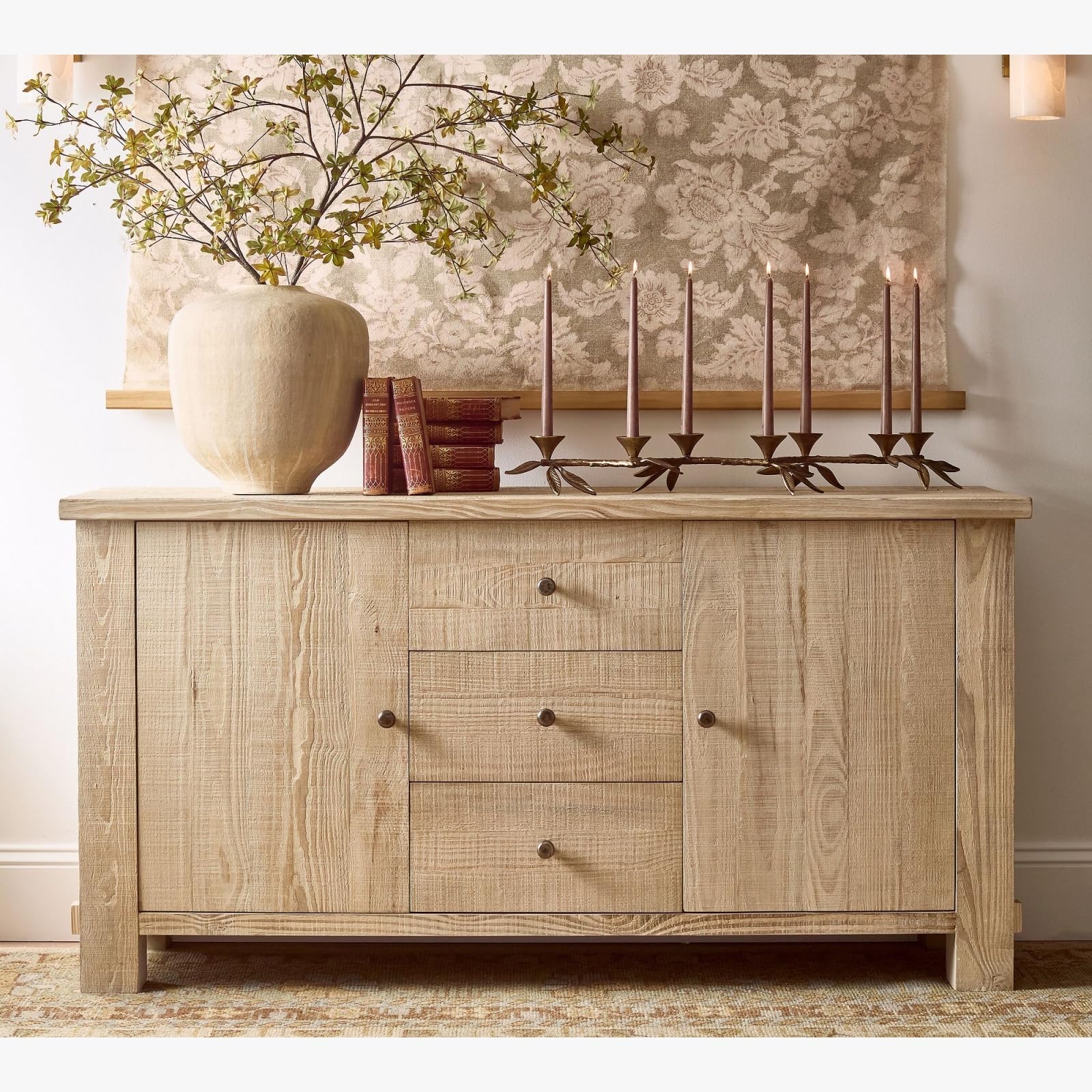 66" Reclaimed Pine Sideboard Buffet, Pale Sand Finish Credenza with 3 Drawers, 2 Doors & Cord Cutouts, Farmhouse Style, Natural Oak