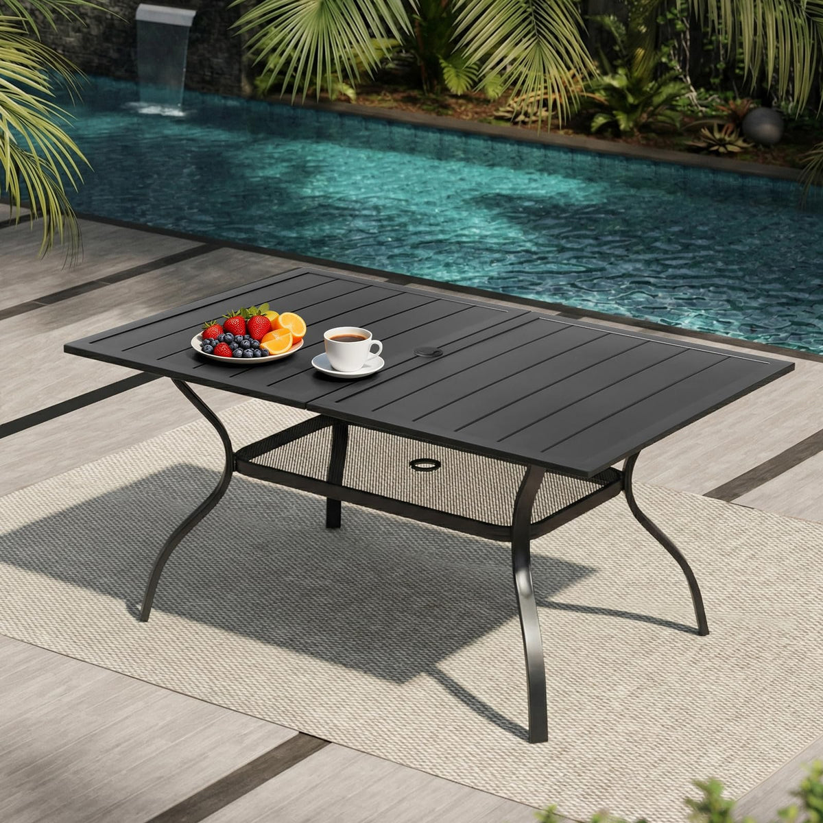 VINGLI 60" x 38" Rectangle Patio Table for 6, Metal Outdoor Dining Table with Umbrella Hole, All-Weather Steel Patio Dining Table Outdoor Table for Lawn, Garden, Backyard, Black (L60 xW38)