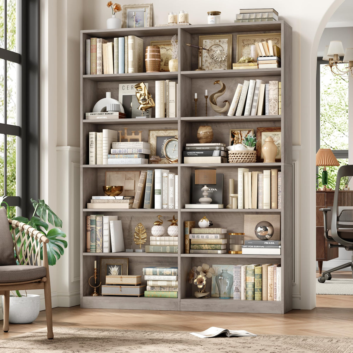 FACBOTALL Bookshelf Tall Bookcase, 6-Tier Double Wide Bookshelves,Wash Grey
