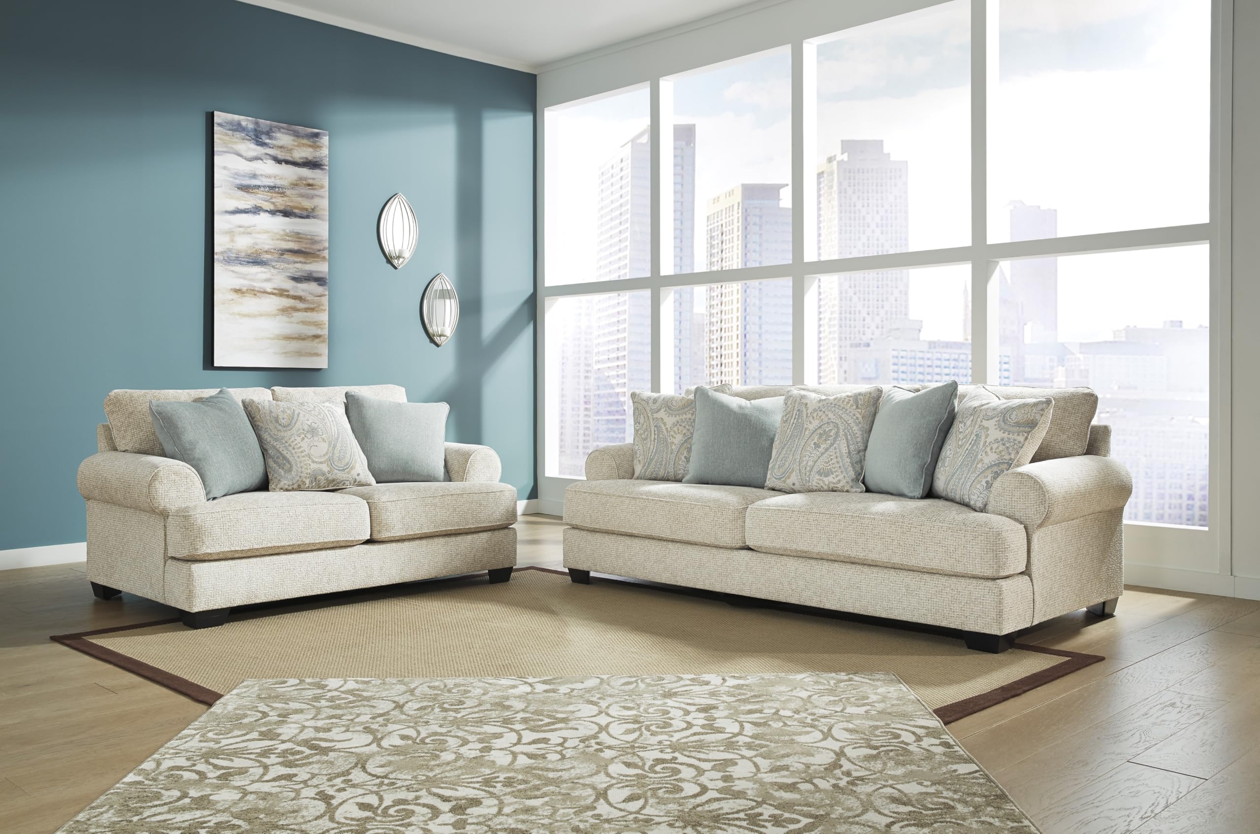 Chenille Loveseat with Rolled Arms, Reversible Cushions & Accent Pillows