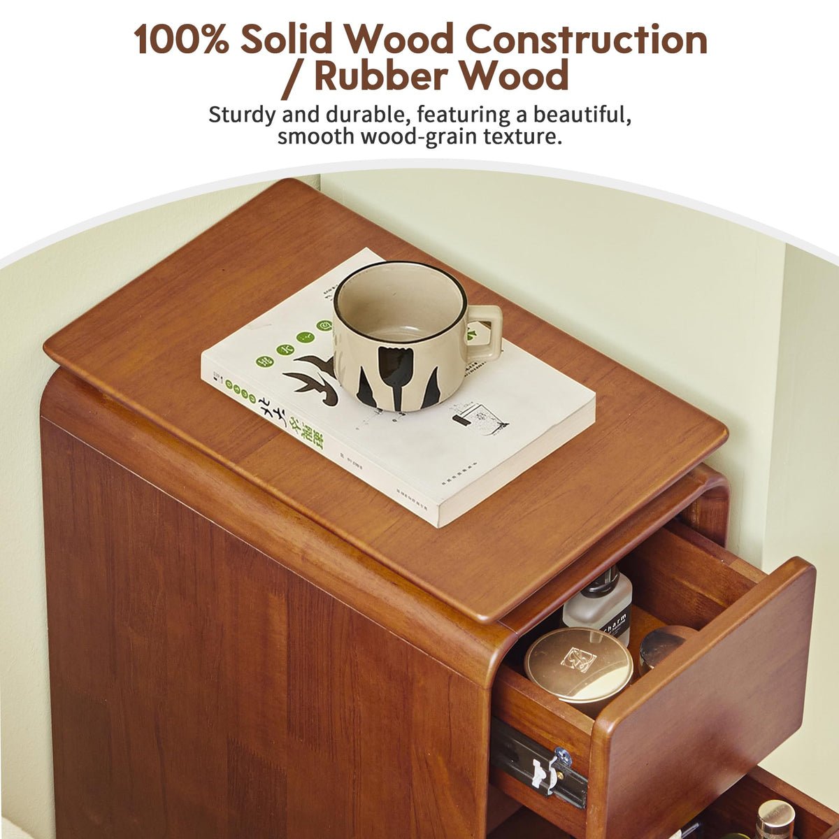Solid Wood Nightstand, Fully Assembled Narrow Bedside Table for Bedroom