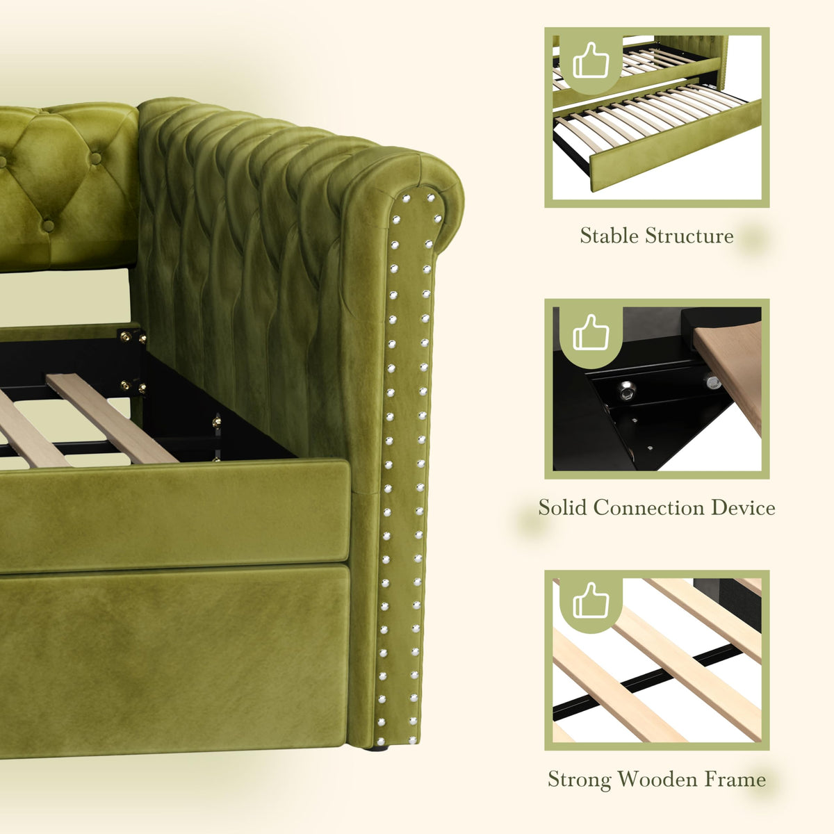 Merax Twin Size Upholstered Daybed with Trundle, Modern Velvet Sofa Bed with Tufted Button Design and Curved Armrests for Living Room, Bedroom and Guest Room, No Box Spring Needed, Green