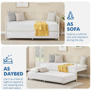 IDEALHOUSE Twin Daybed with Trundle, Metal Twin Size Daybed with Pullout Trundle 6 Casters, Steel Slat Support Sofa Bed for Living Room, Bedroom, Guest Room (White)