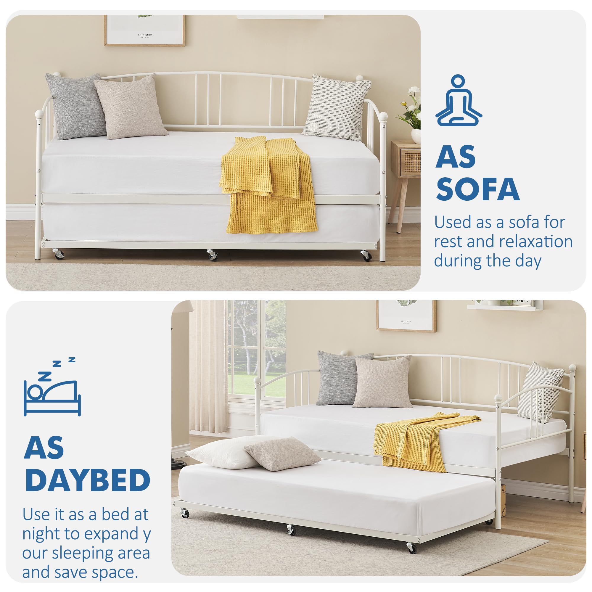 IDEALHOUSE Twin Daybed with Trundle, Metal Twin Size Daybed with Pullout Trundle 6 Casters, Steel Slat Support Sofa Bed for Living Room, Bedroom, Guest Room (White)