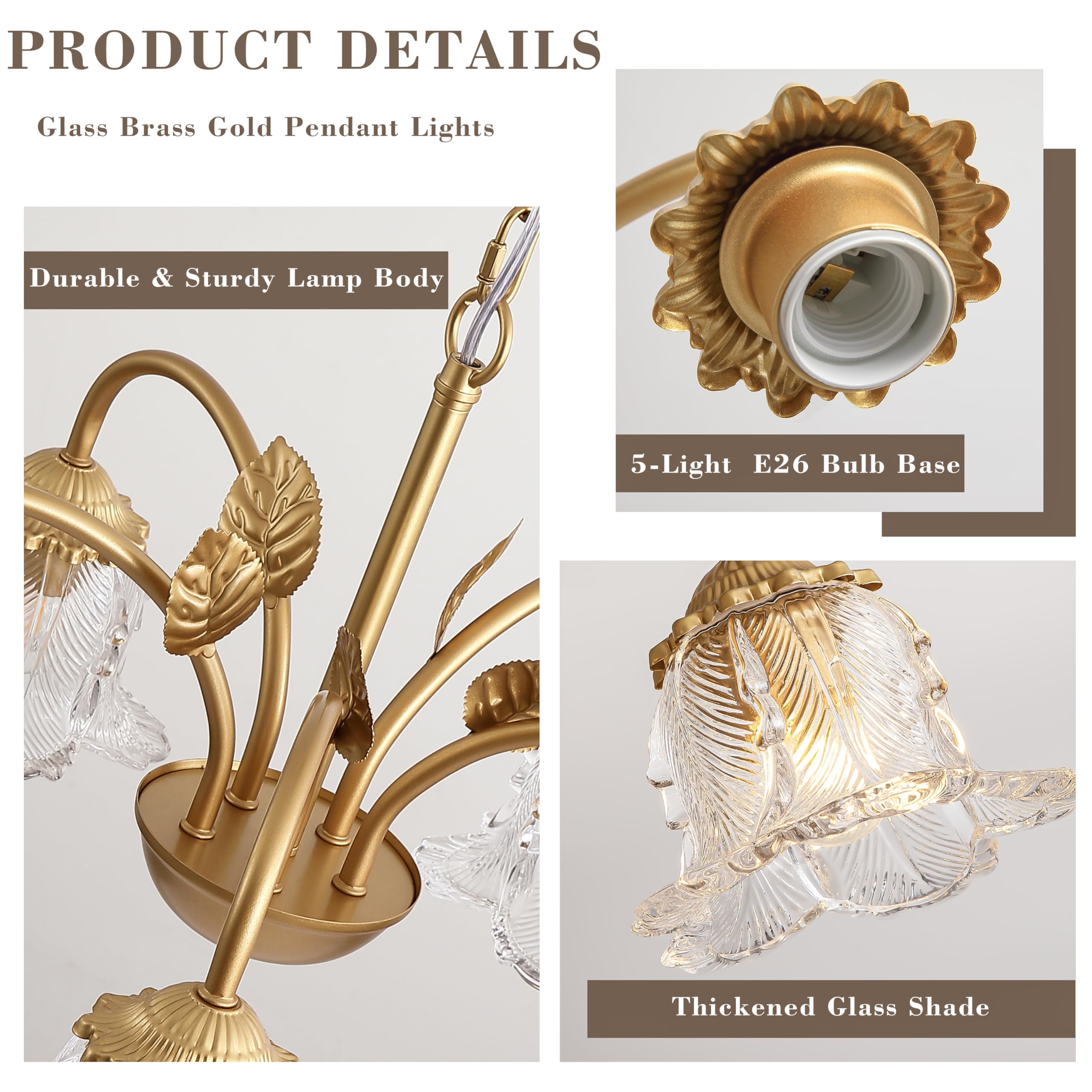 NZZDYI 5-Light Vintage Chandeliers for Dining Room 25" Modern Gold Glass Chandelier Rustic Adjustable Pendant Light Fixture for Kitchen sland Living Room Bedroom