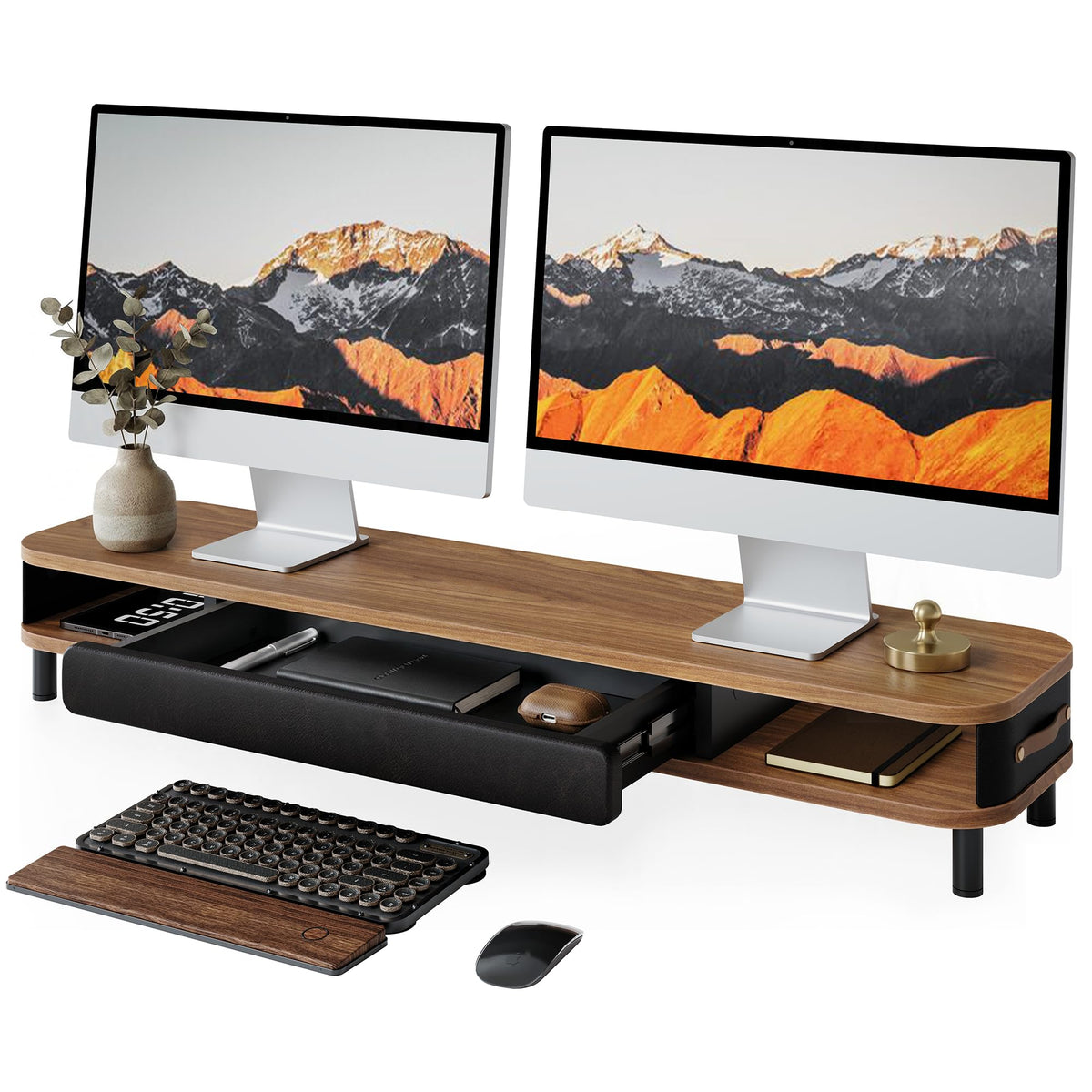 Fenge Dual Monitor Stand with Large Storage Drawer, 42.5" Desk Shelf, Brown