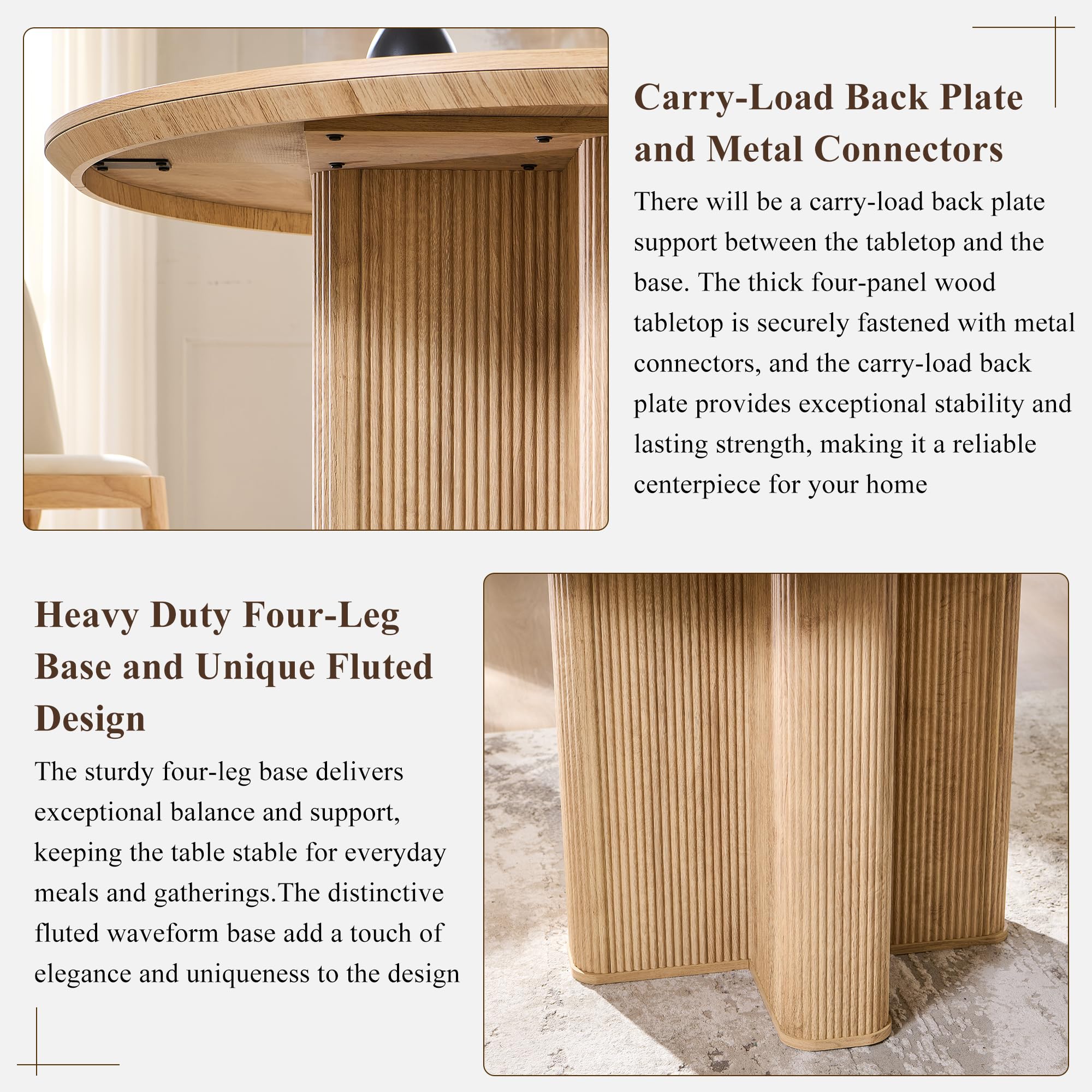 T4TREAM 47" Fluted Round Dining Table for Kitchen Living Room, Natural Oak