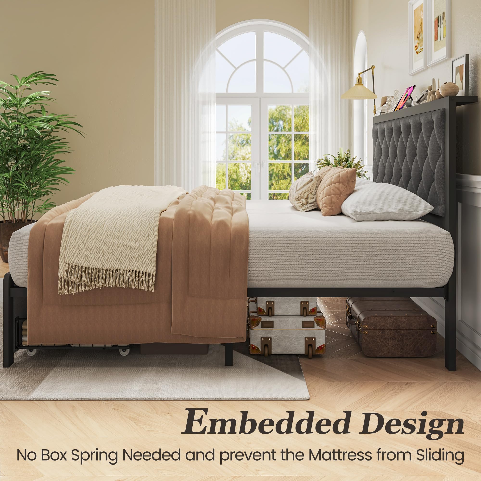 Fluest Twin Bed Frame with Storage Drawer, Upholstered Headboard Button Tufted Bed Frame with Charging Station, No Box Spring Needed, Noise-Free, All Metal Structure, Grey