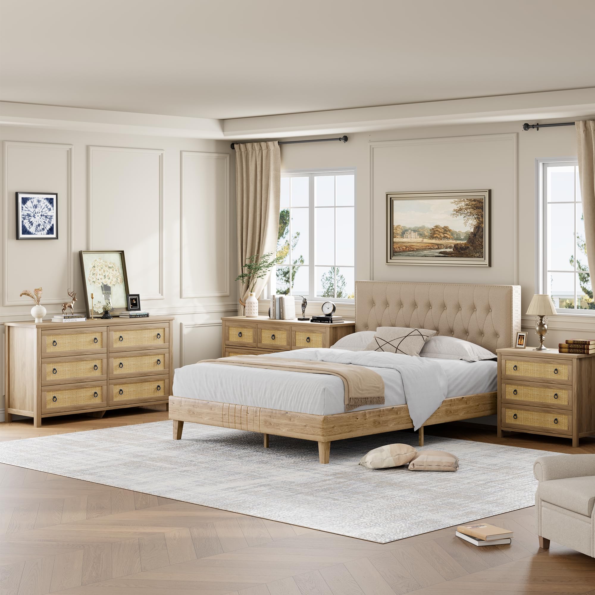 Garvee 3 Drawer Rattan Dresser for Bedroom, Boho Chest of Drawers, 29 Inch Tall Storage Cabinet, Wood Nightstand with Natural Finish for Living Room, Entryway, Closet