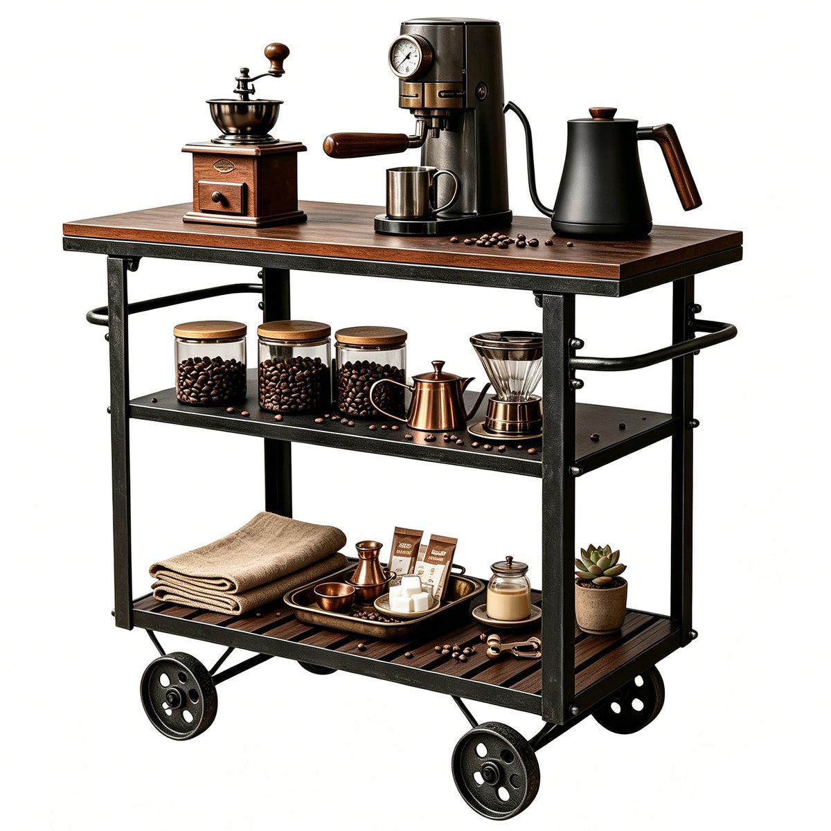 LOKKHAN Rolling Bar Cart with Handle [3 Tier] Home Kitchen Microwave Cart Island On Wheels, Mobile Serving Cart Beverage Cart, Coffee Station (Metal/Wood, Industrial Black/Rustic Brown)