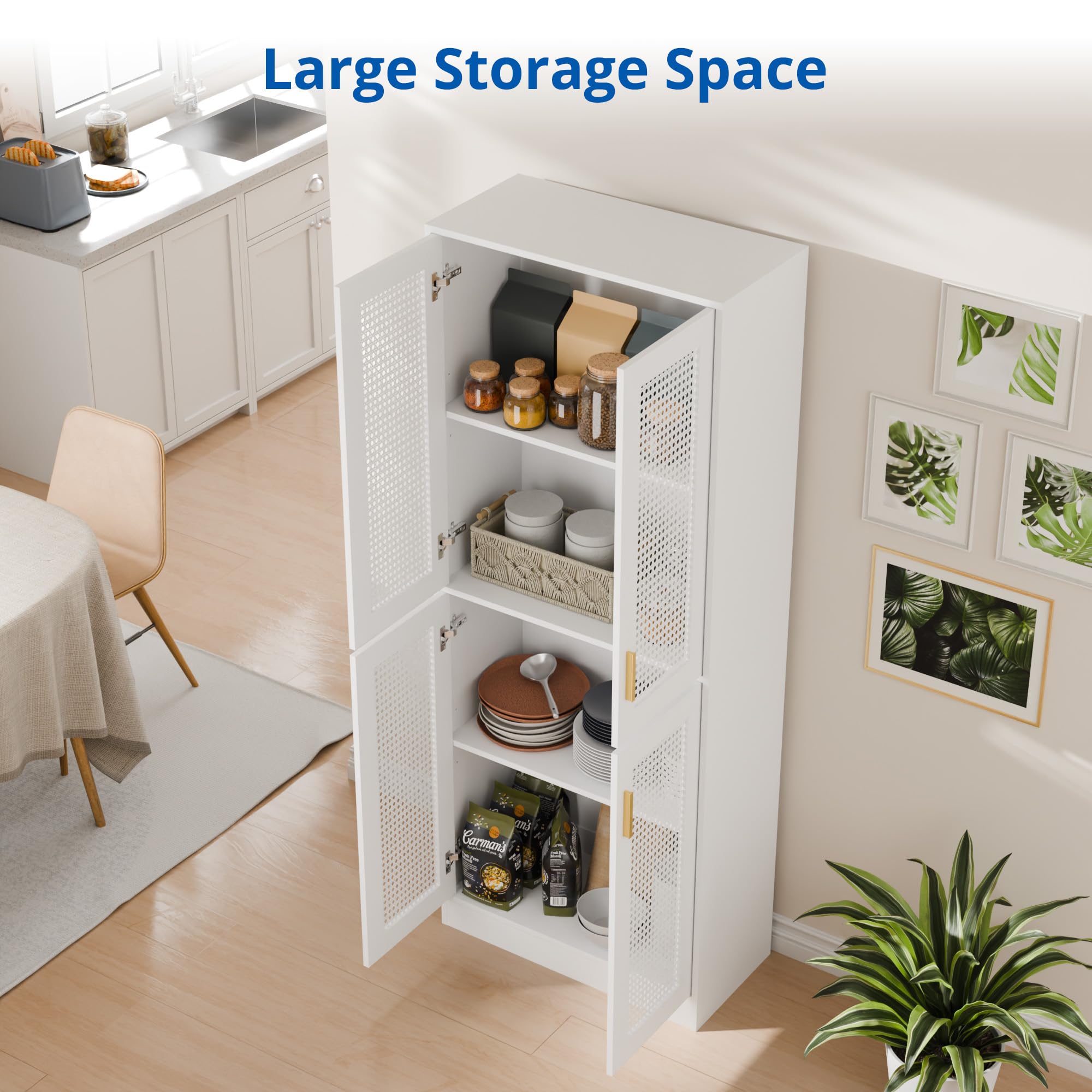 Cozy Castle Kitchen Pantry Cabinet, 71" Tall Rattan Doors Storage Cabinet and Adjustable Shelves, Modern Farmhouse Wood Cupboard Utility Hutch for Kitchen, Dining Room, Living Room (White)