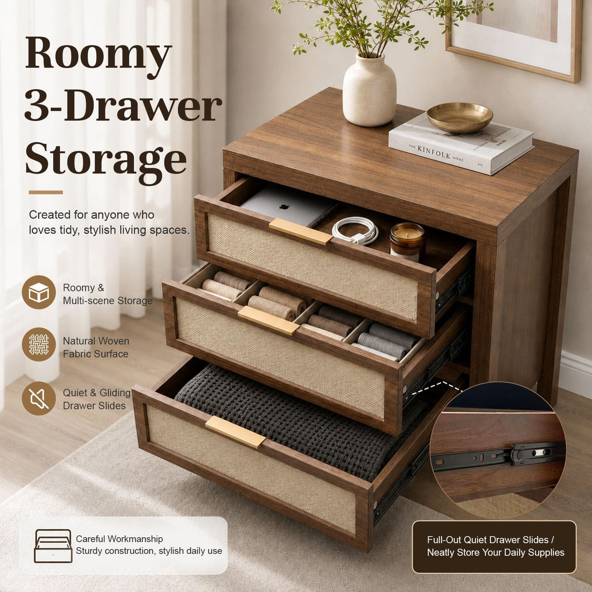 Walnut 3-Drawer Nightstand